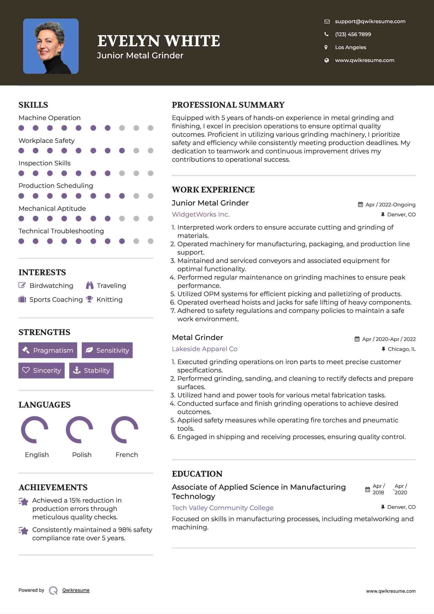 Junior Metal Grinder Resume Sample
