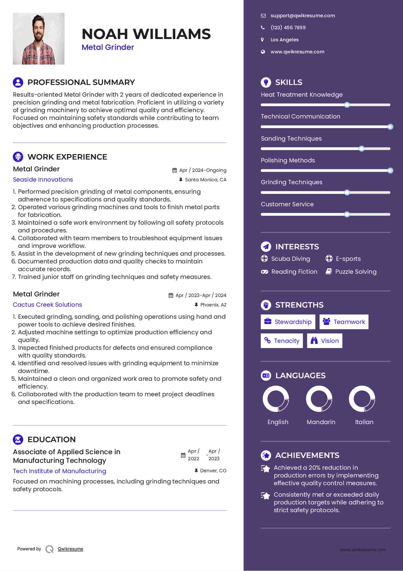 Metal Grinder Resume Model