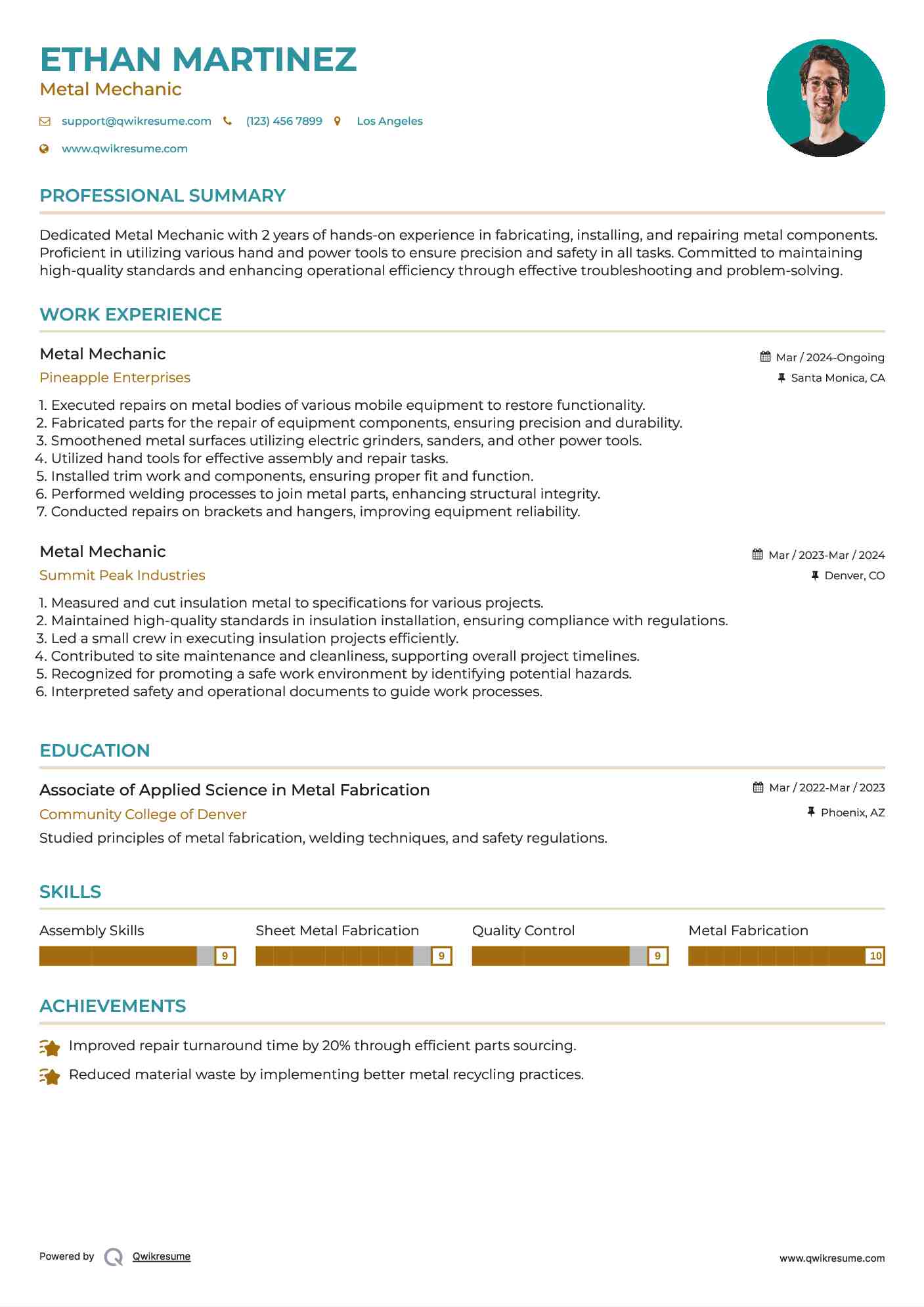 Metal Mechanic Resume Format