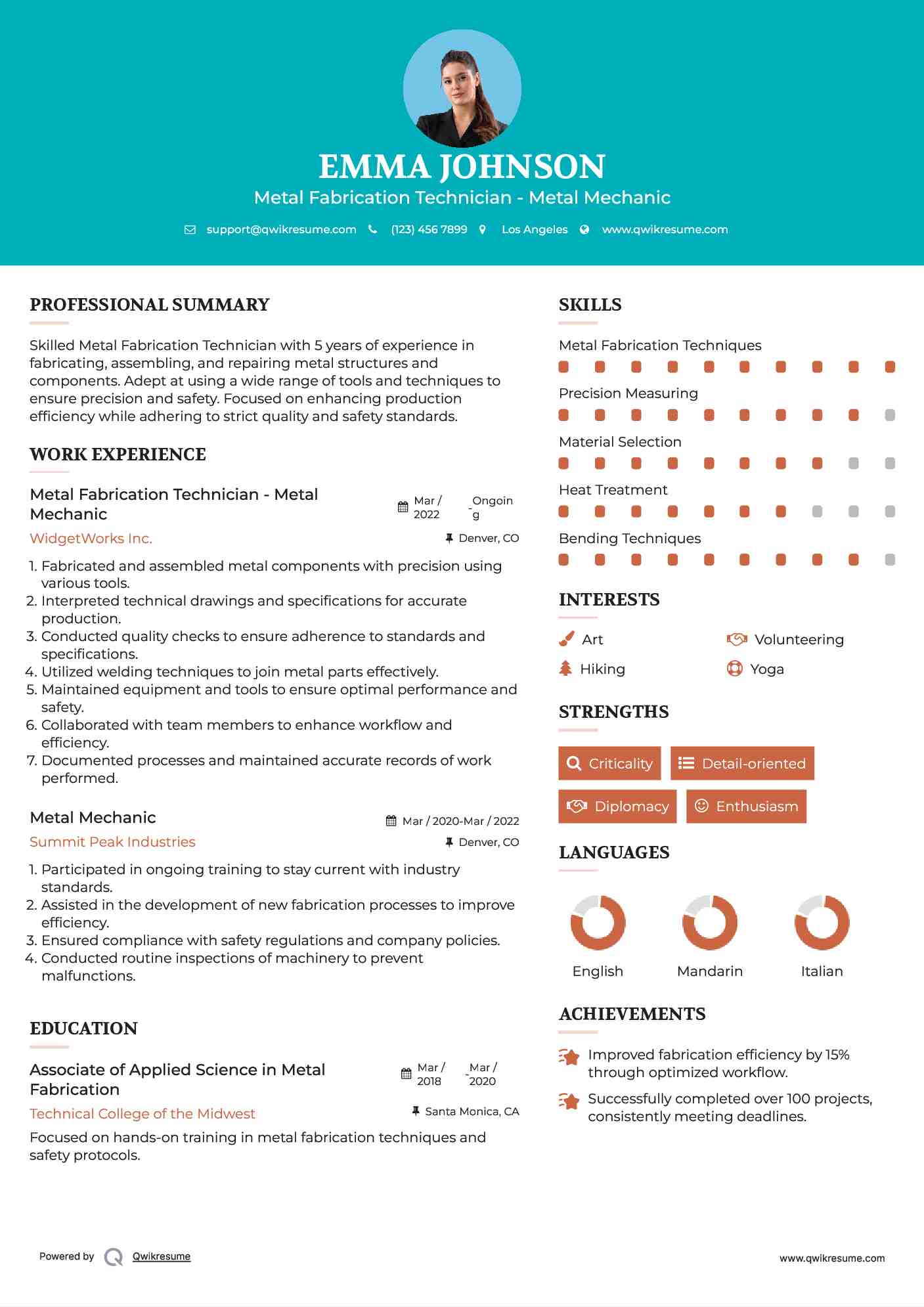 Metal Fabrication Technician - Metal Mechanic Resume Example