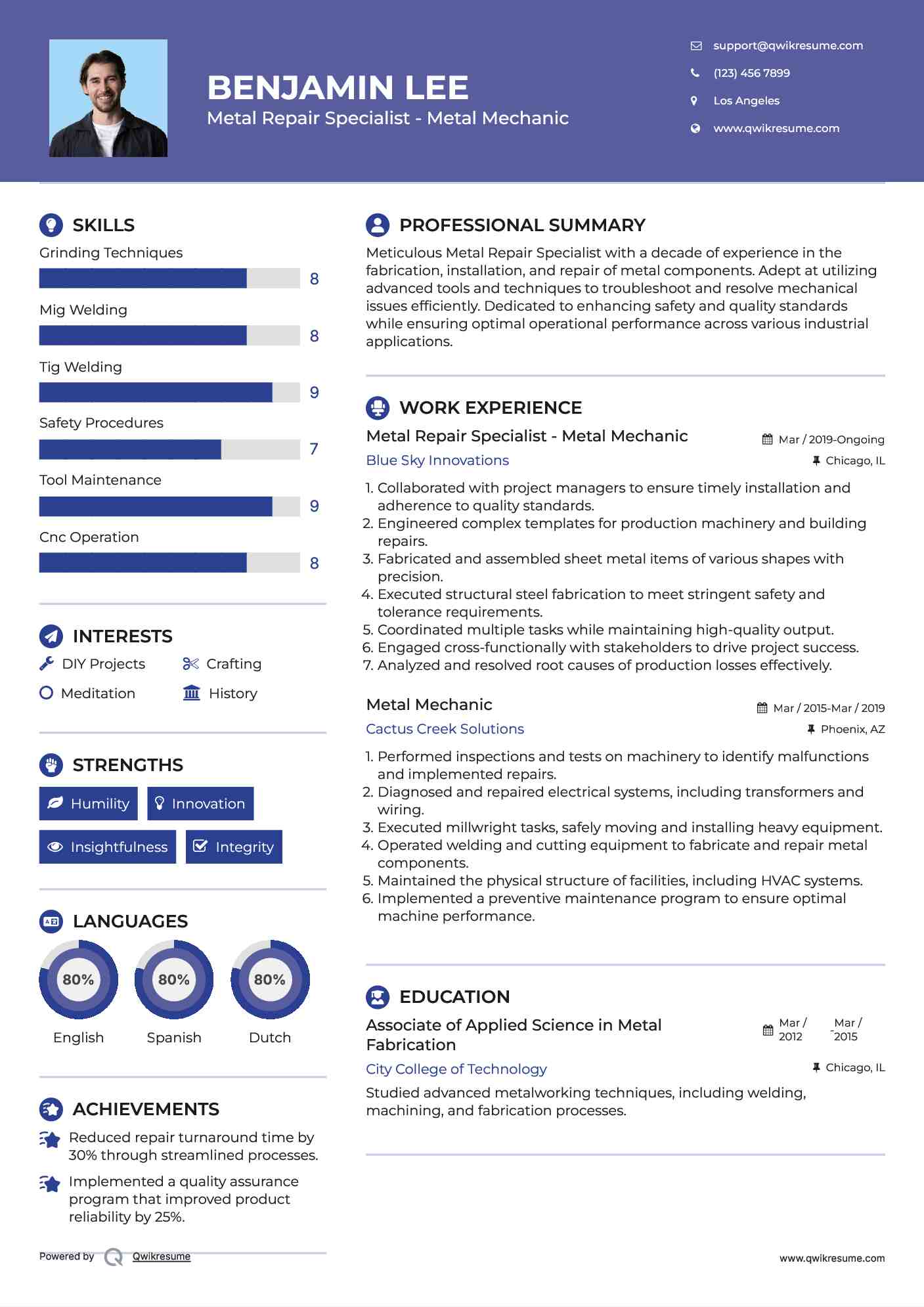 Metal Repair Specialist - Metal Mechanic Resume Sample