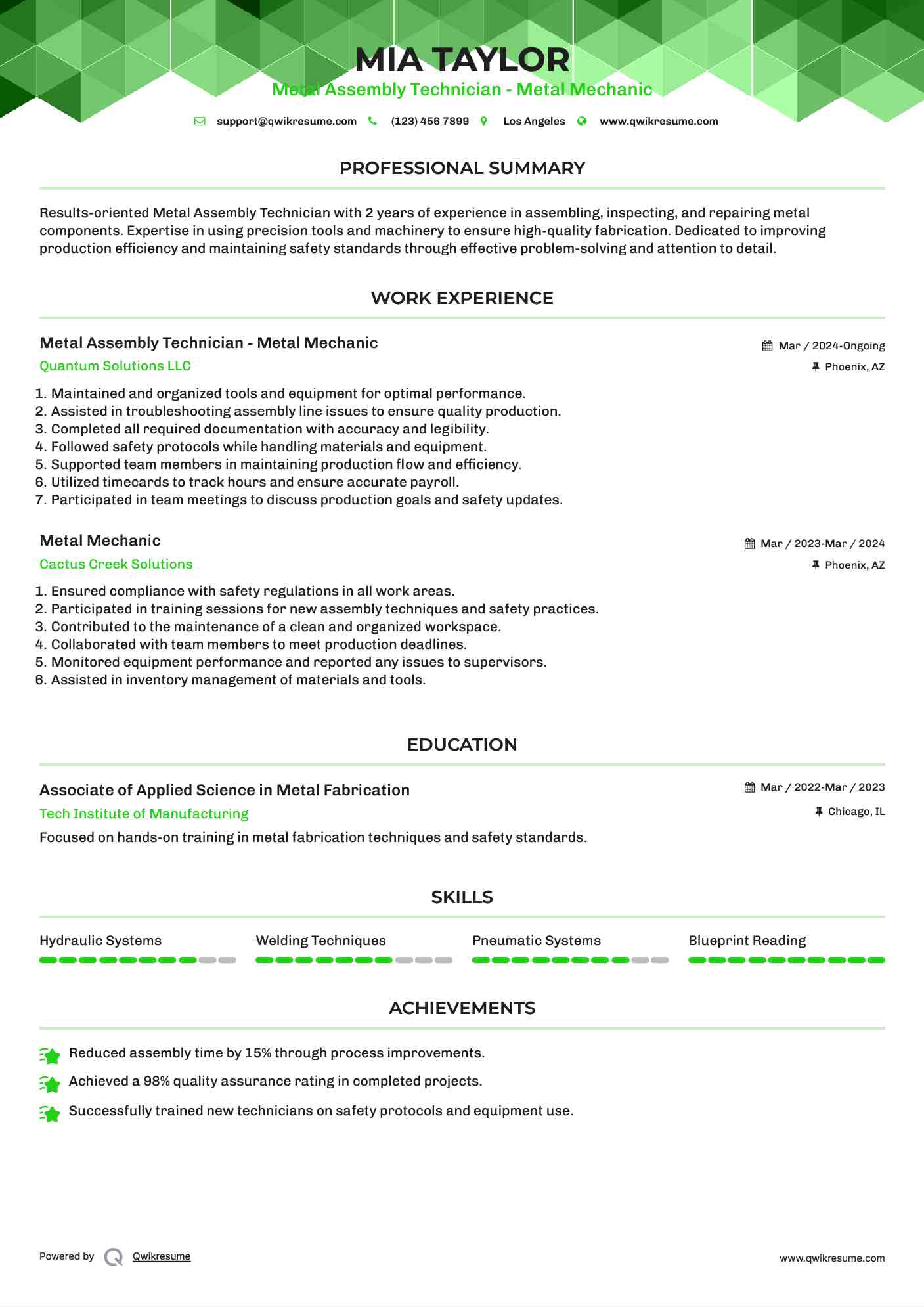 Metal Assembly Technician - Metal Mechanic Resume Template
