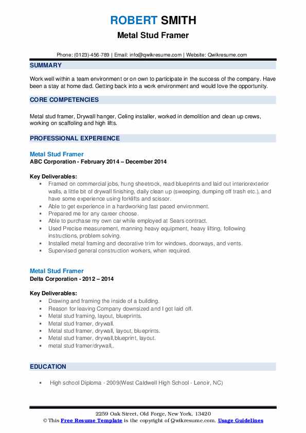 Metal Stud Framer Resume Samples QwikResume