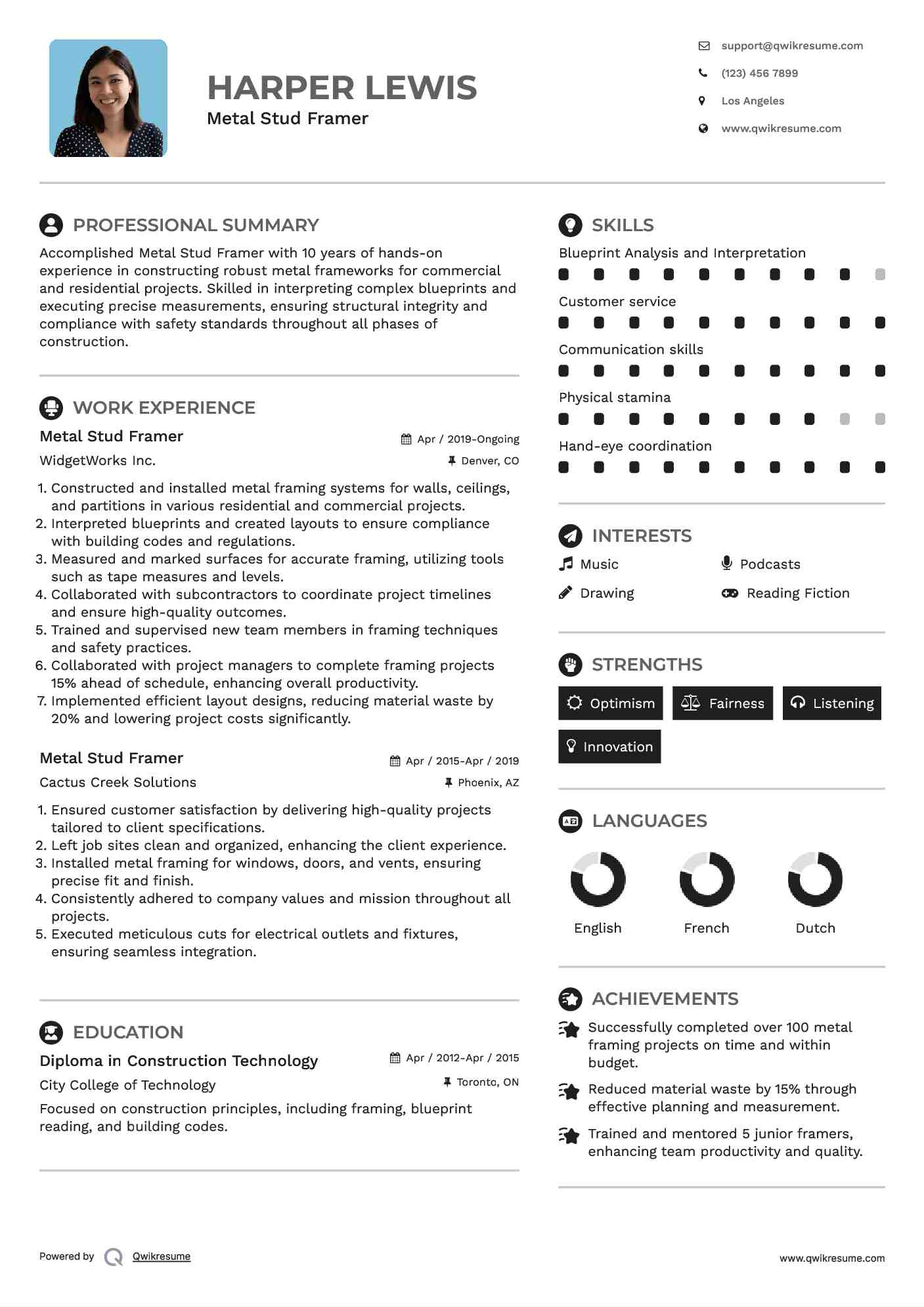 Metal Stud Framer Resume Model