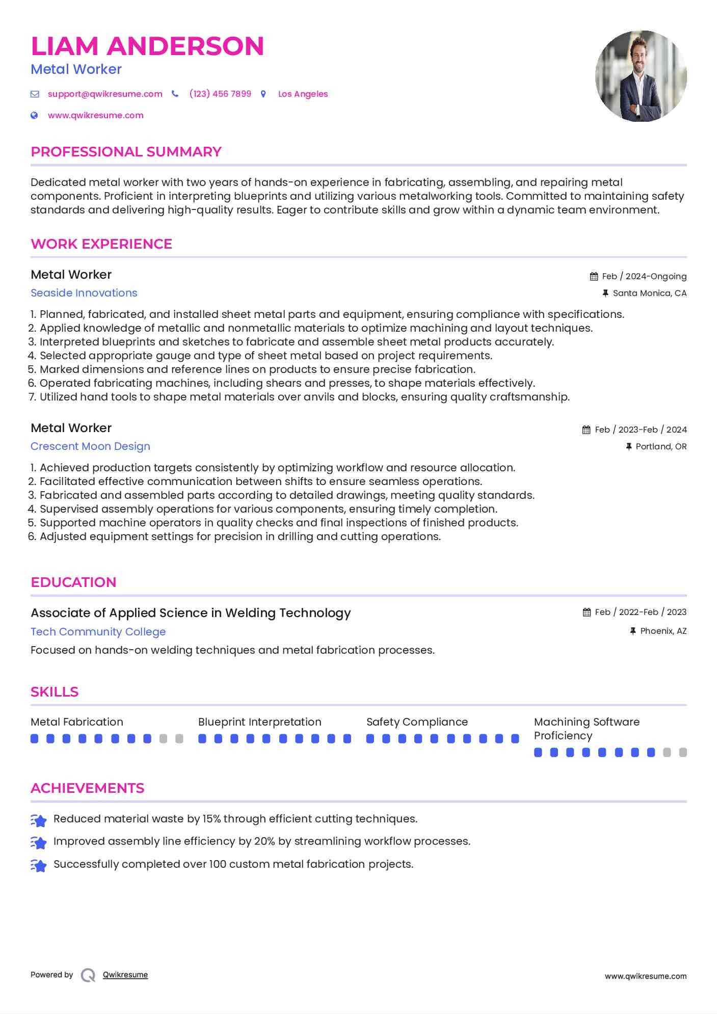 Metal Worker Resume Sample