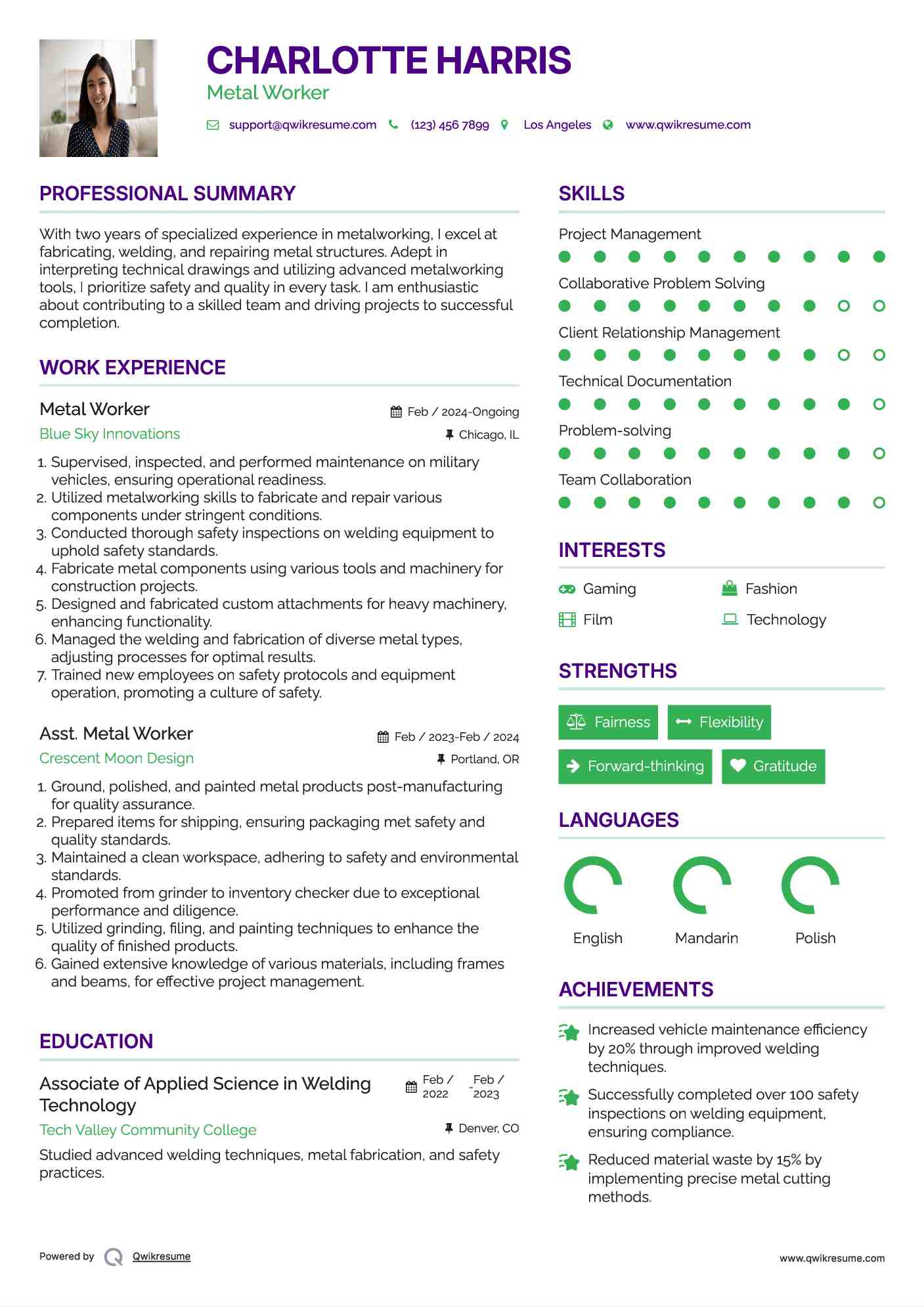 Metal Worker Resume Example