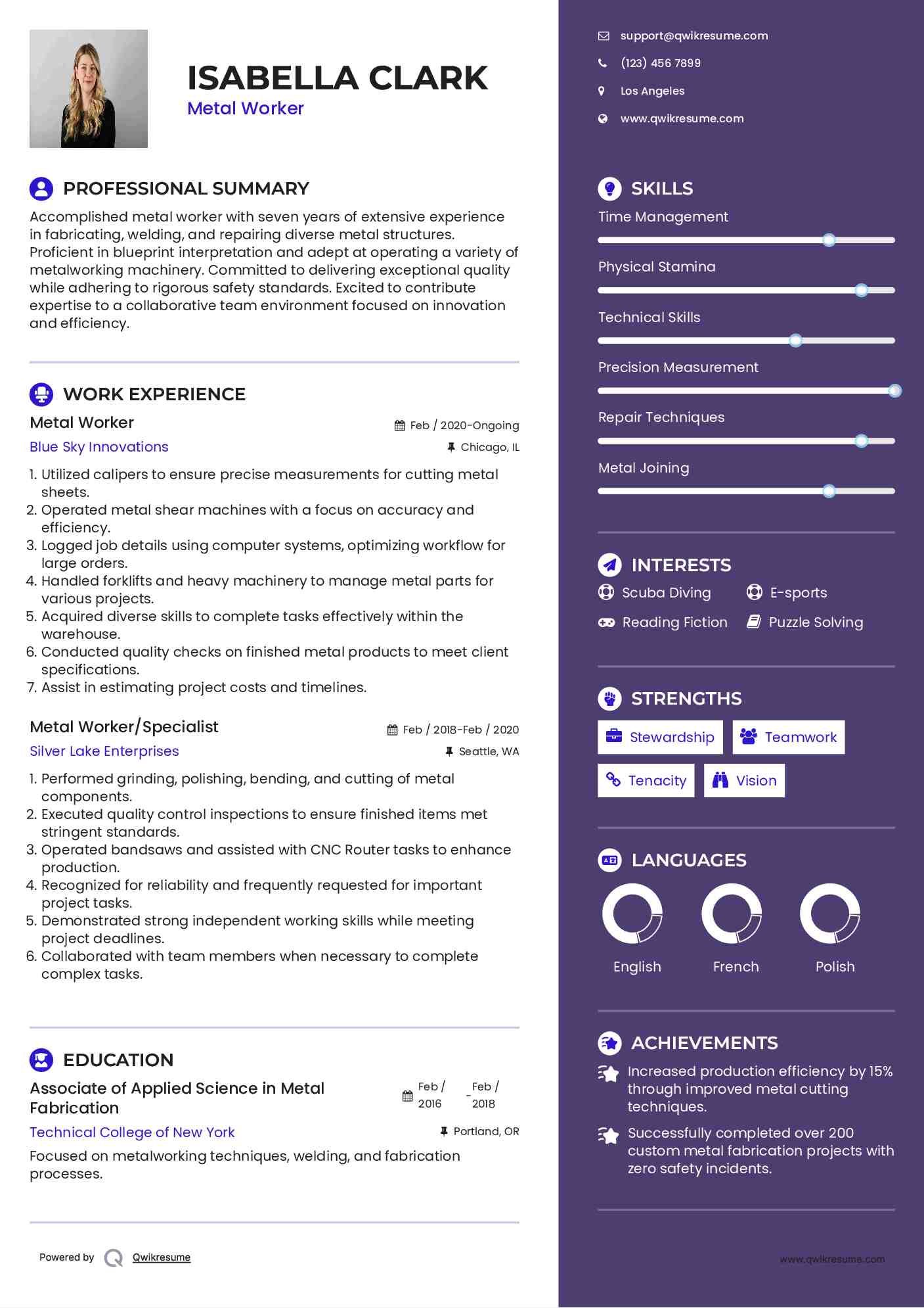Metal Worker Resume Example