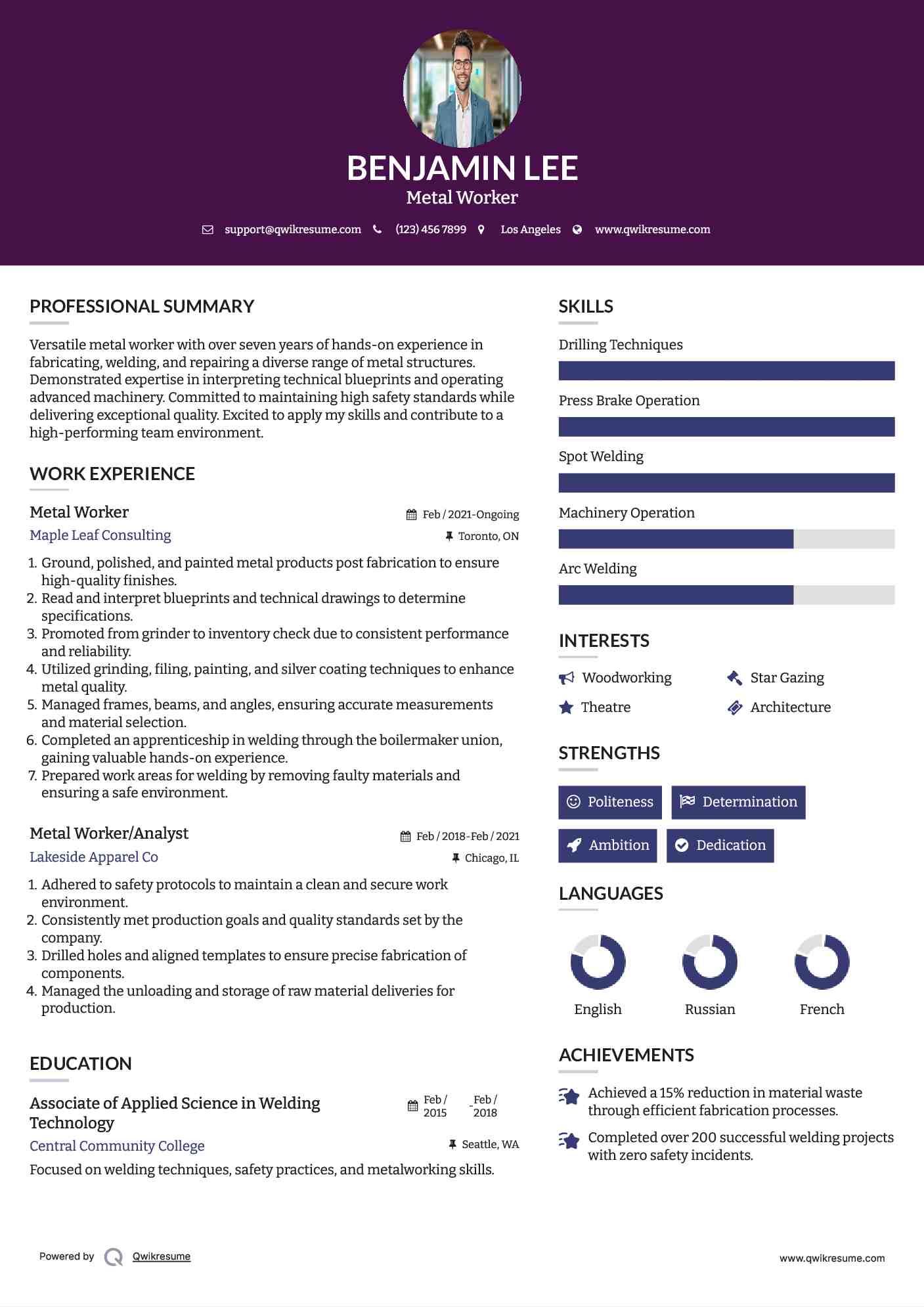 Metal Worker Resume Example