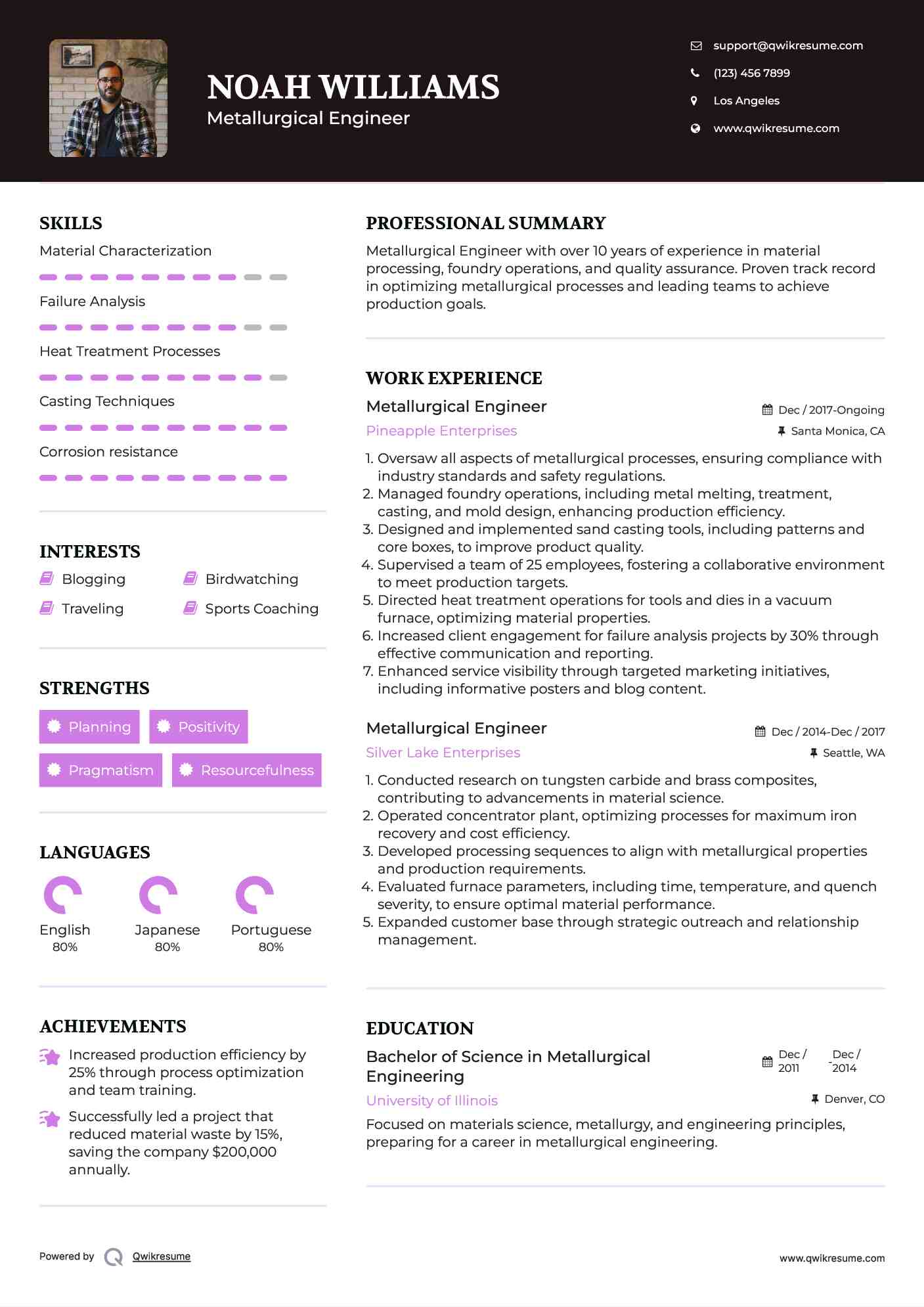 Metallurgical Engineer Resume Example