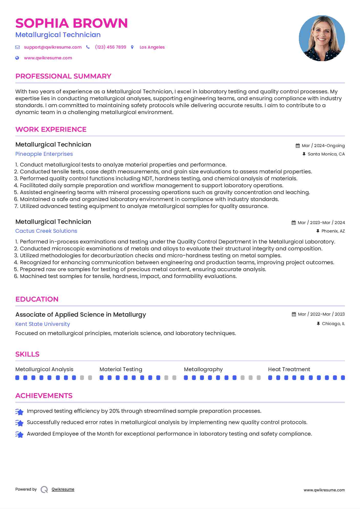Metallurgical Technician Resume Model