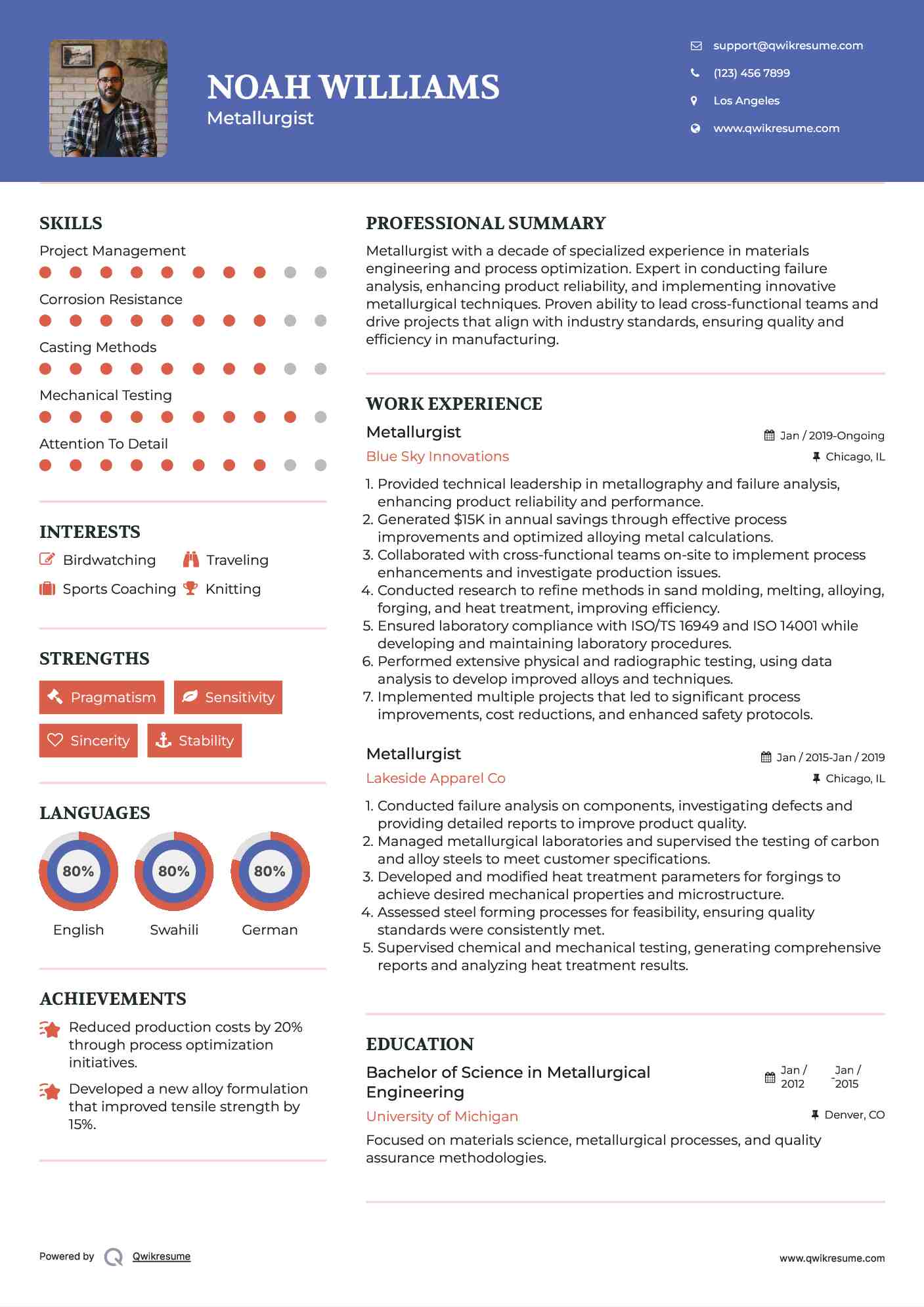 Metallurgist Resume Sample