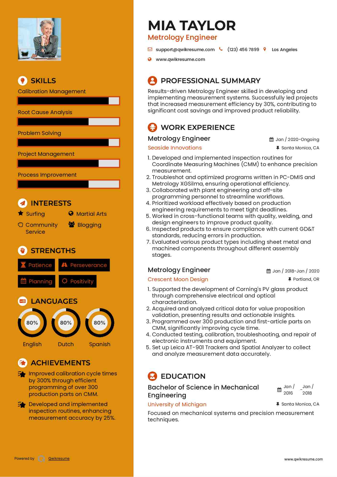 Metrology Engineer Resume Example