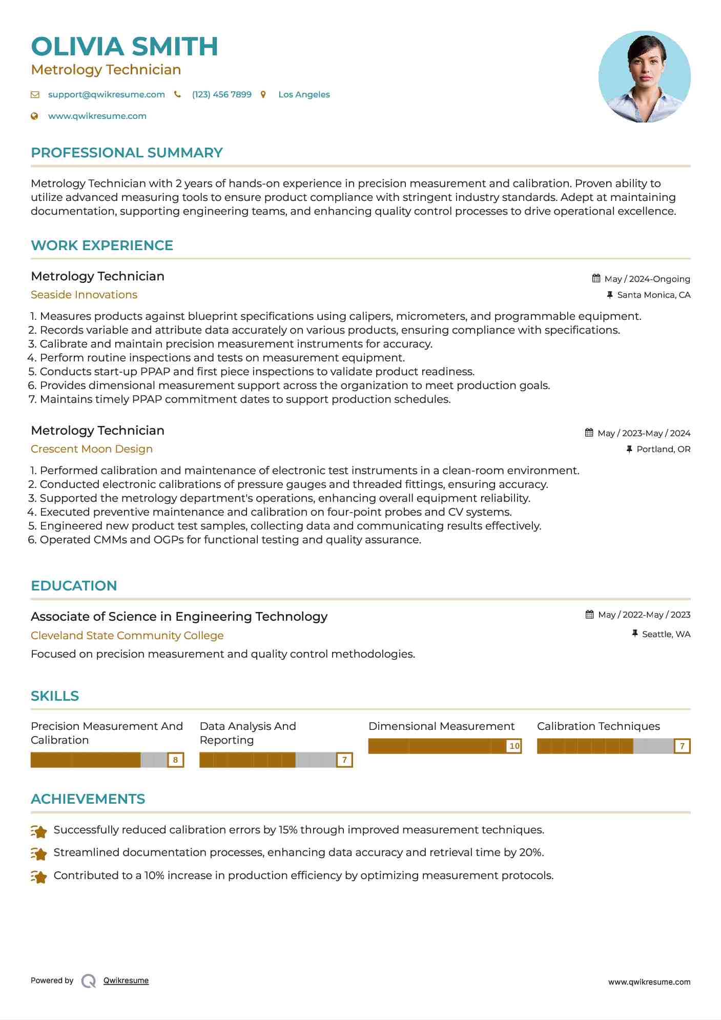 Metrology Technician Resume Samples QwikResume