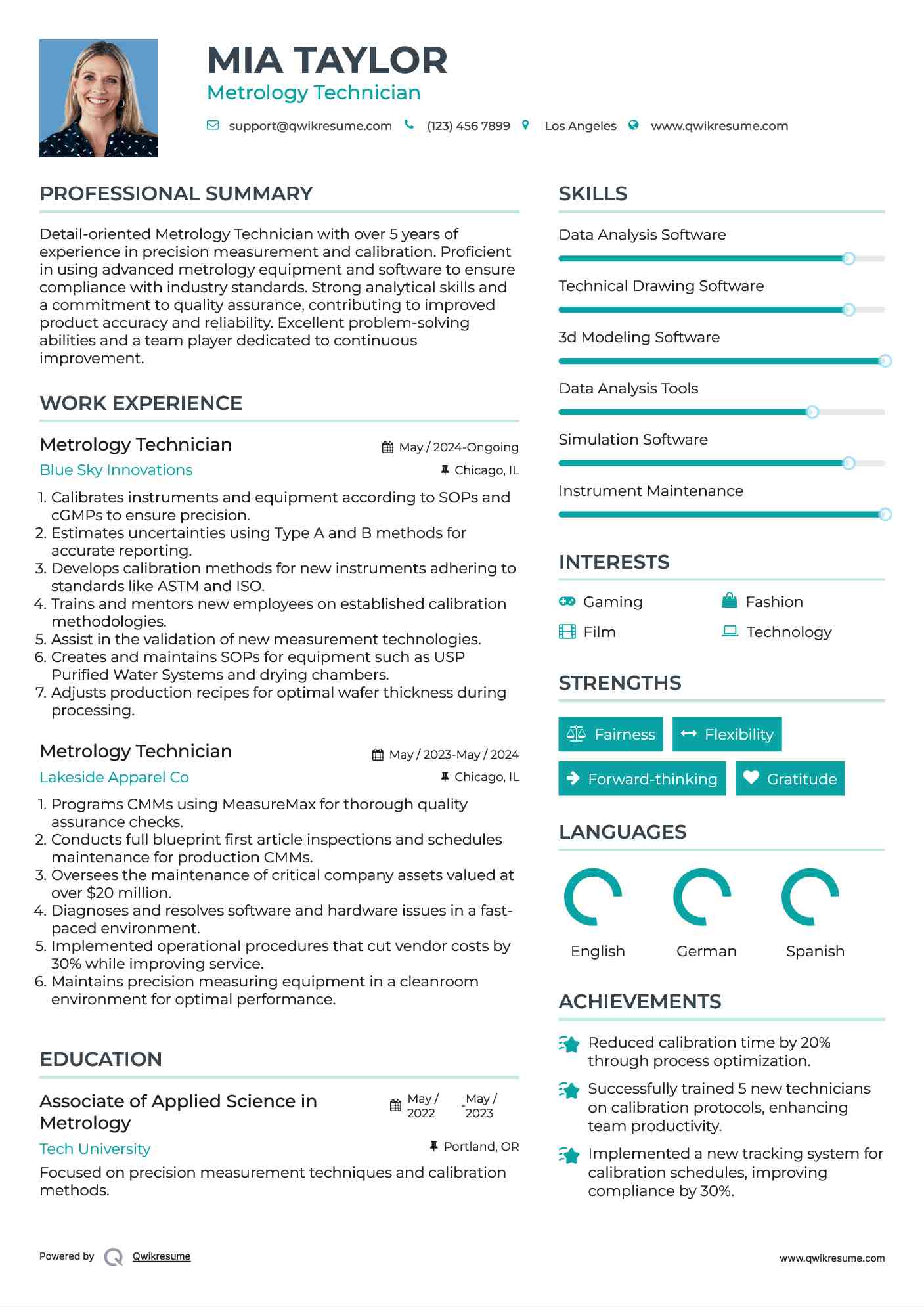 Metrology Technician Resume Samples QwikResume