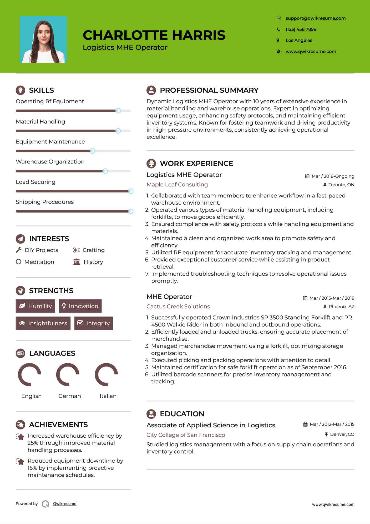 Logistics MHE Operator Resume Template