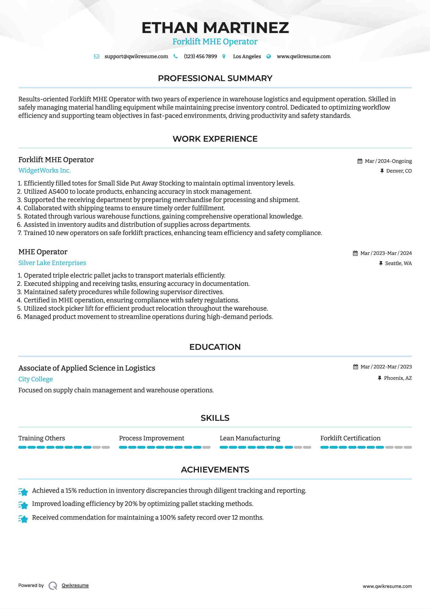 Forklift MHE Operator Resume Model