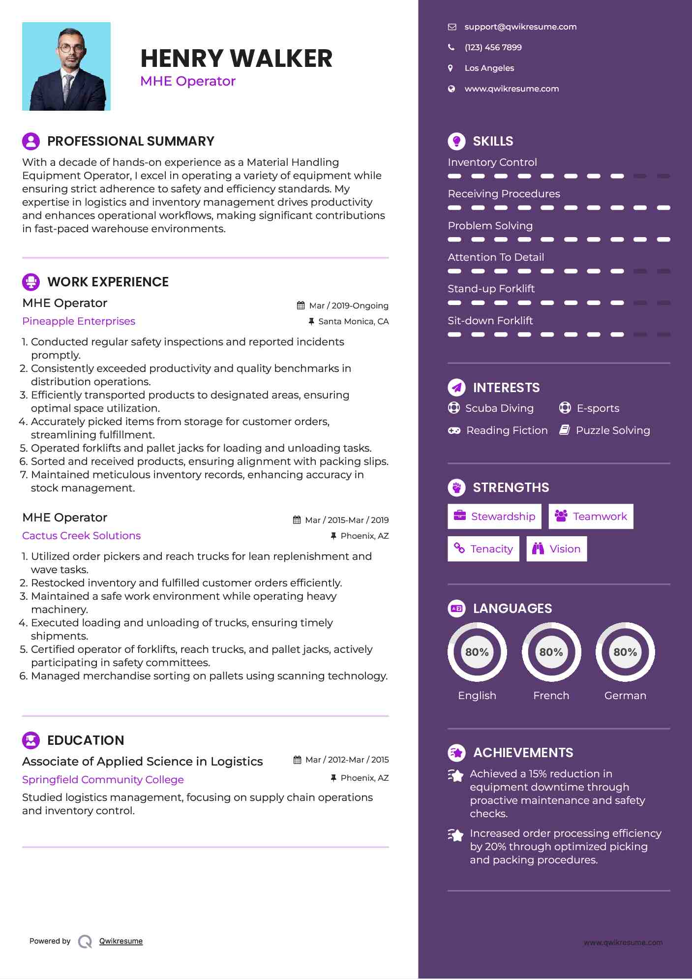 MHE Operator Resume Sample