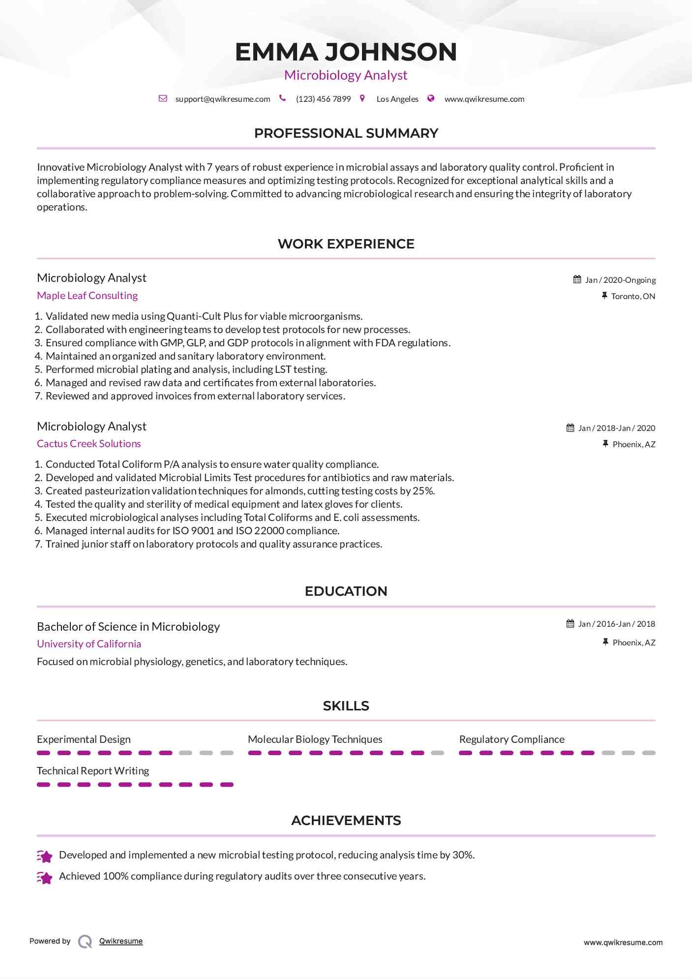 Microbiology Analyst Resume Example