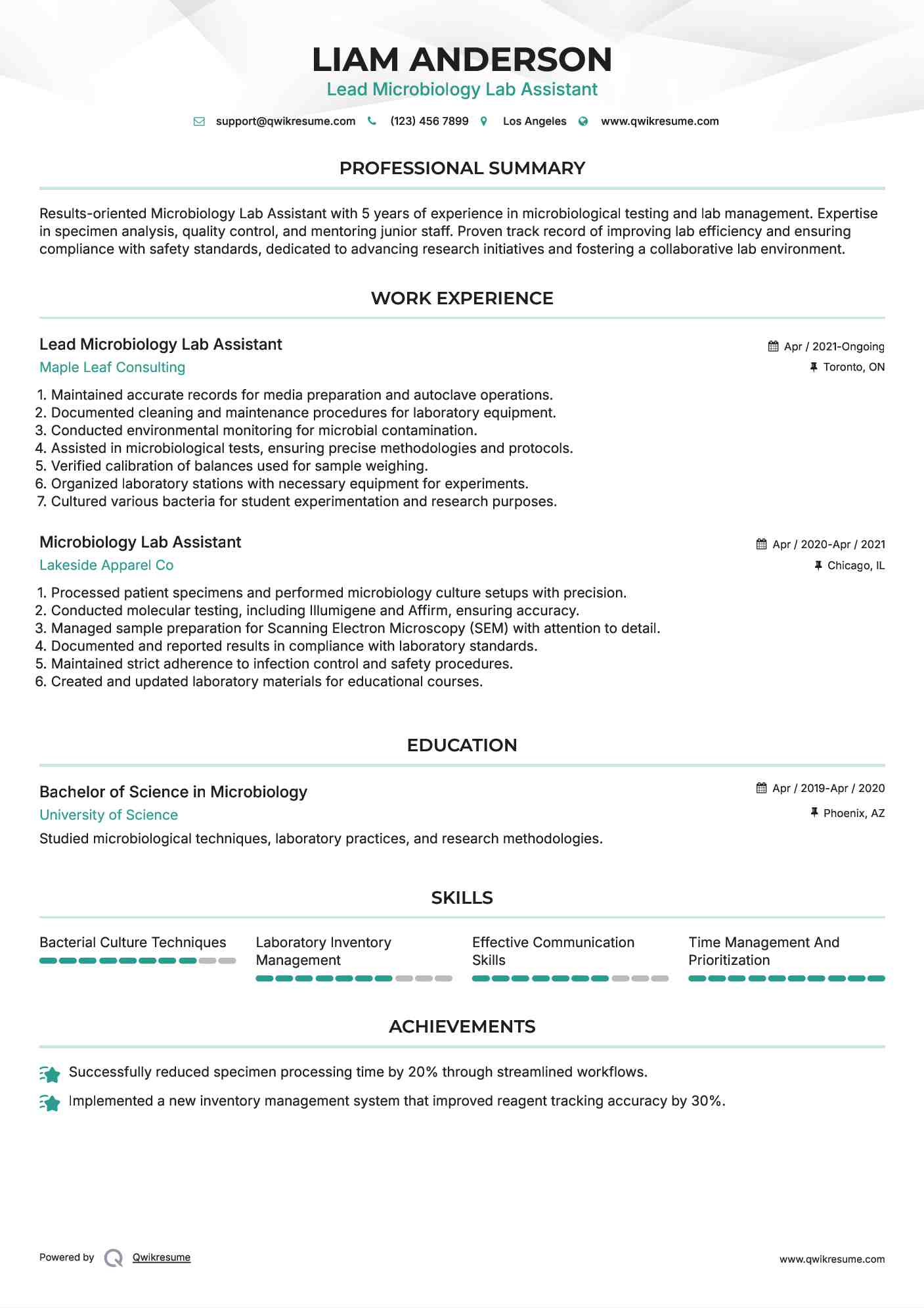 Microbiology Lab Assistant Resume Samples QwikResume