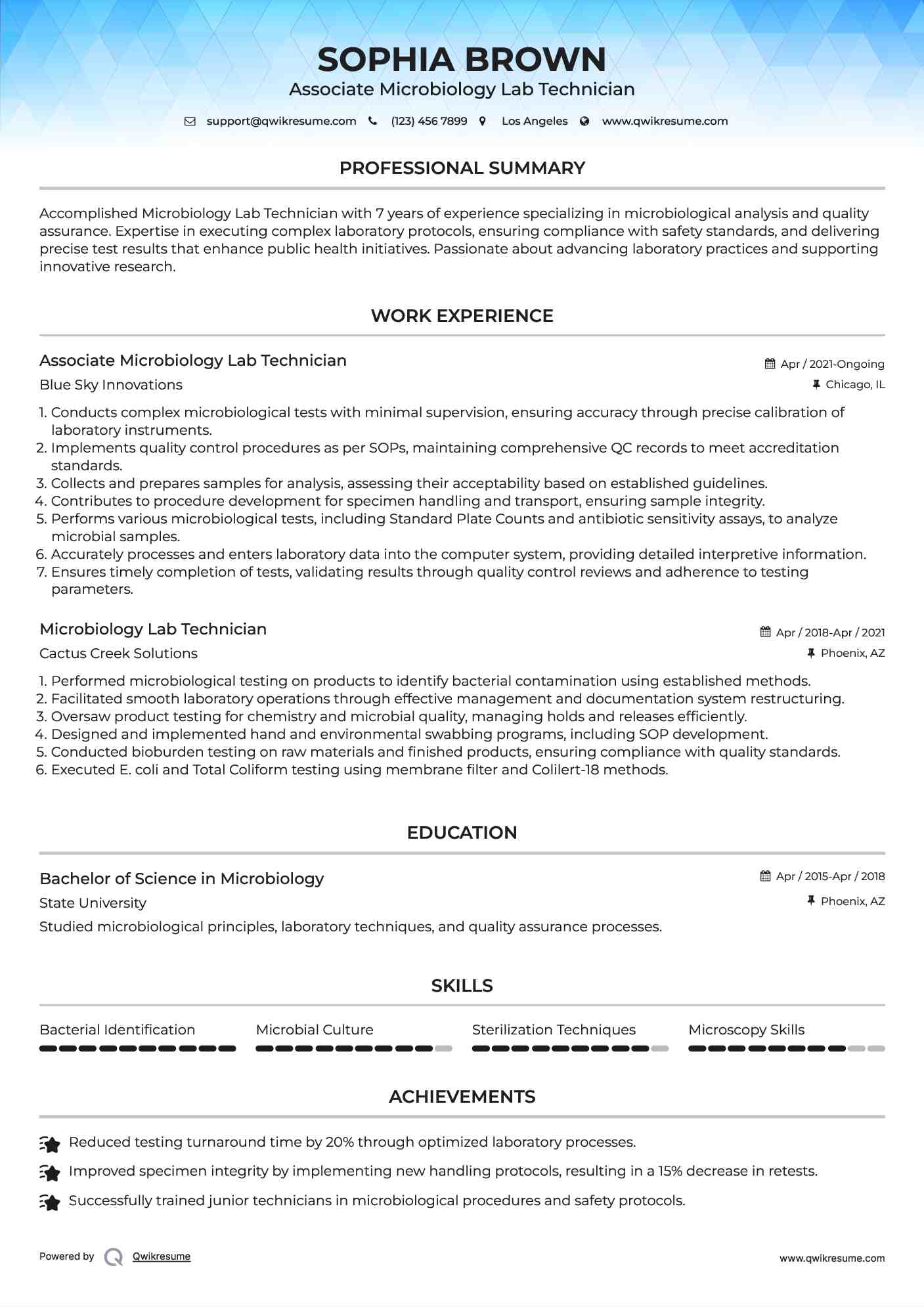 Associate Microbiology Lab Technician Resume Model