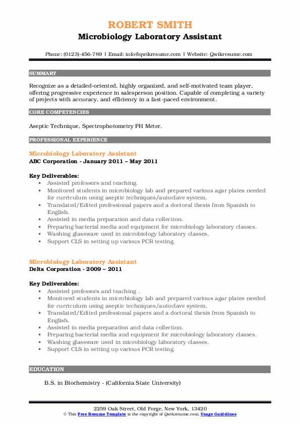 Microbiology Laboratory Assistant Resume Samples QwikResume
