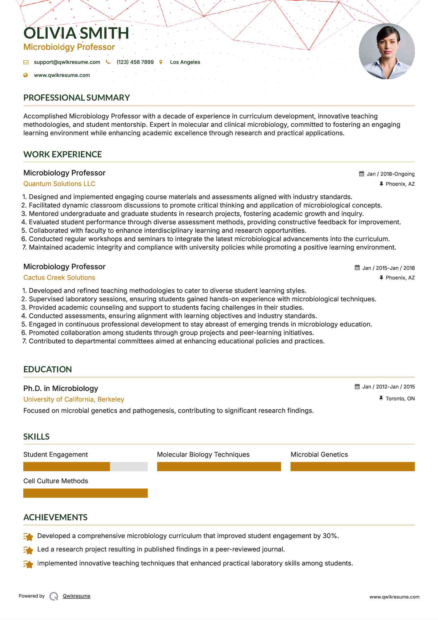 Microbiology Professor Resume Example