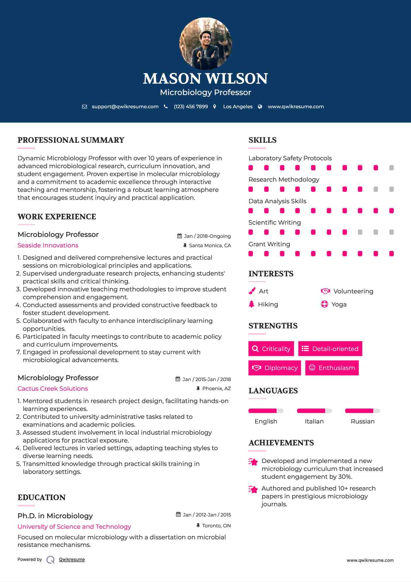 Microbiology Professor Resume Example