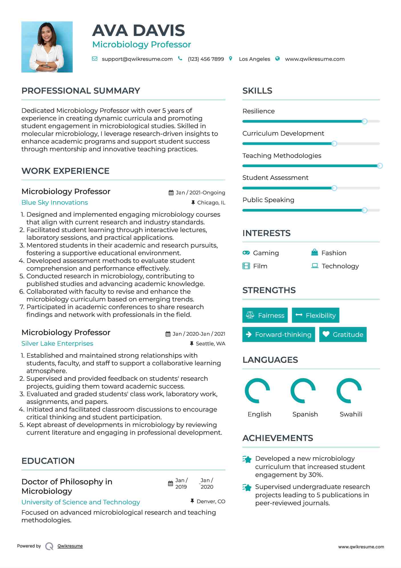 Microbiology Professor Resume Model