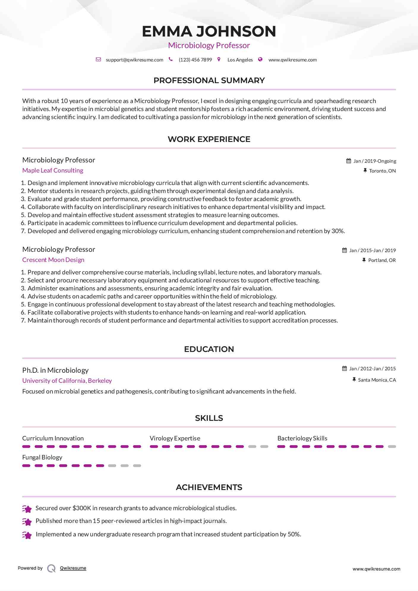 Microbiology Professor Resume Model