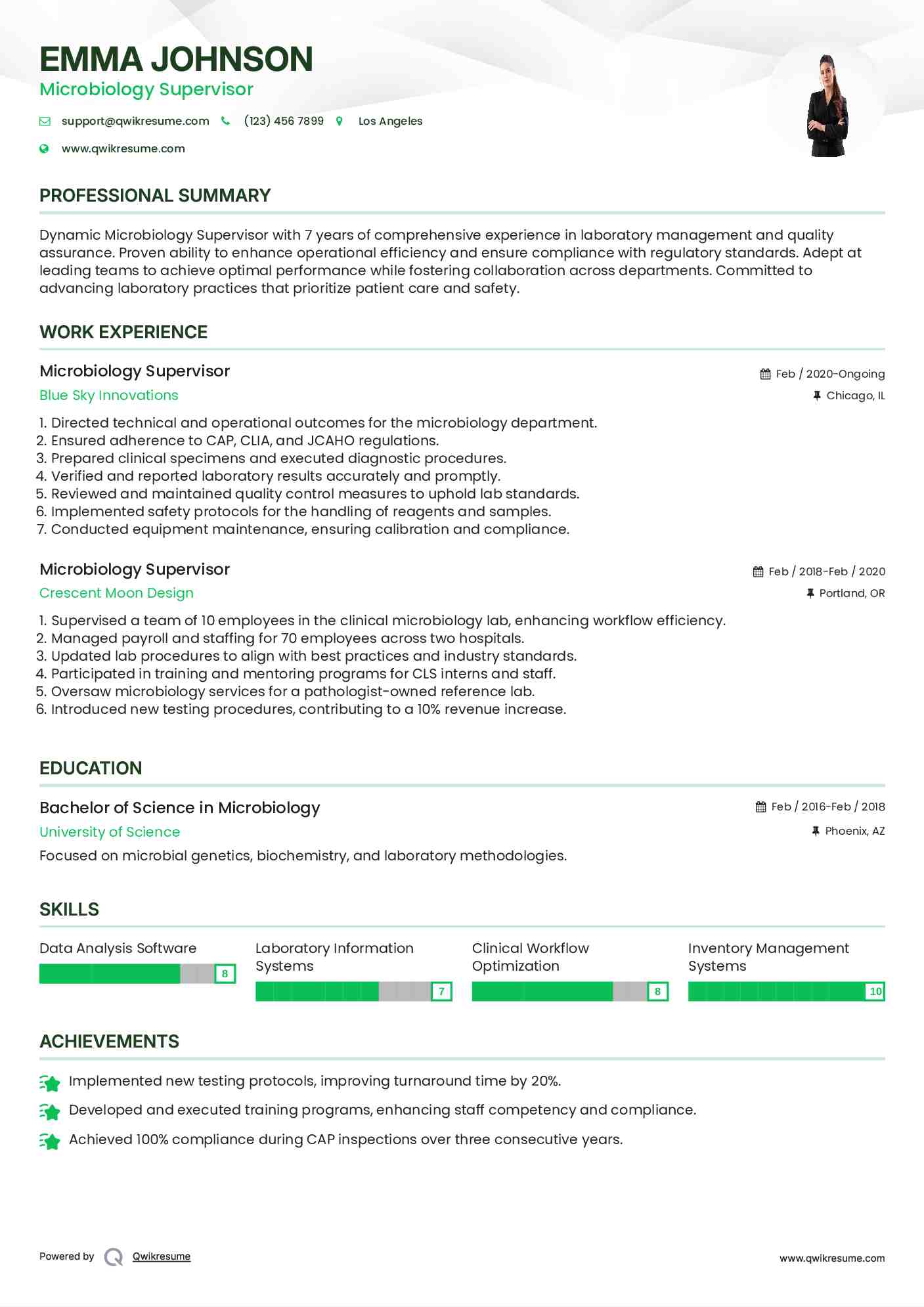 Microbiology Supervisor Resume Example