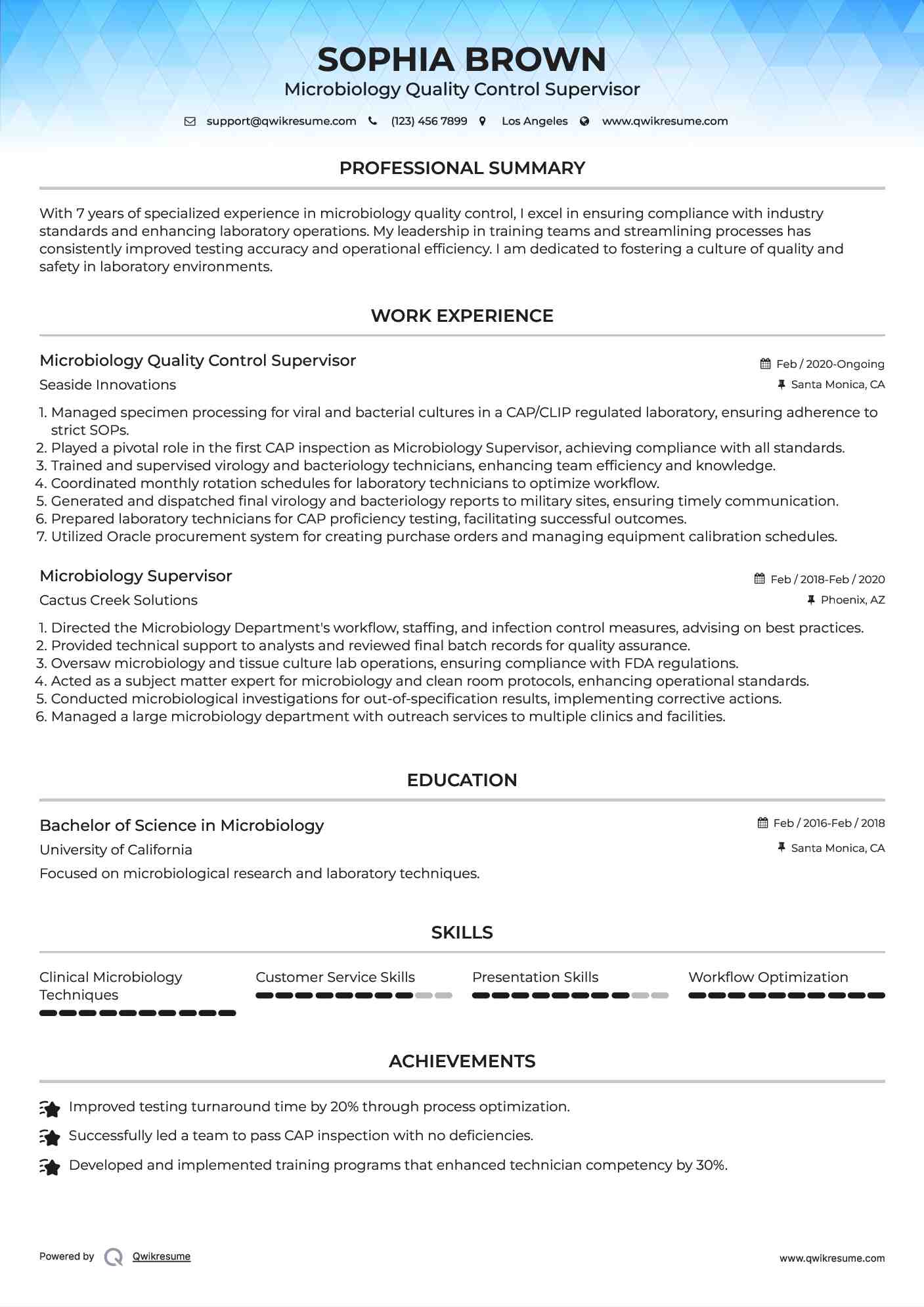 Microbiology Quality Control Supervisor Resume Format