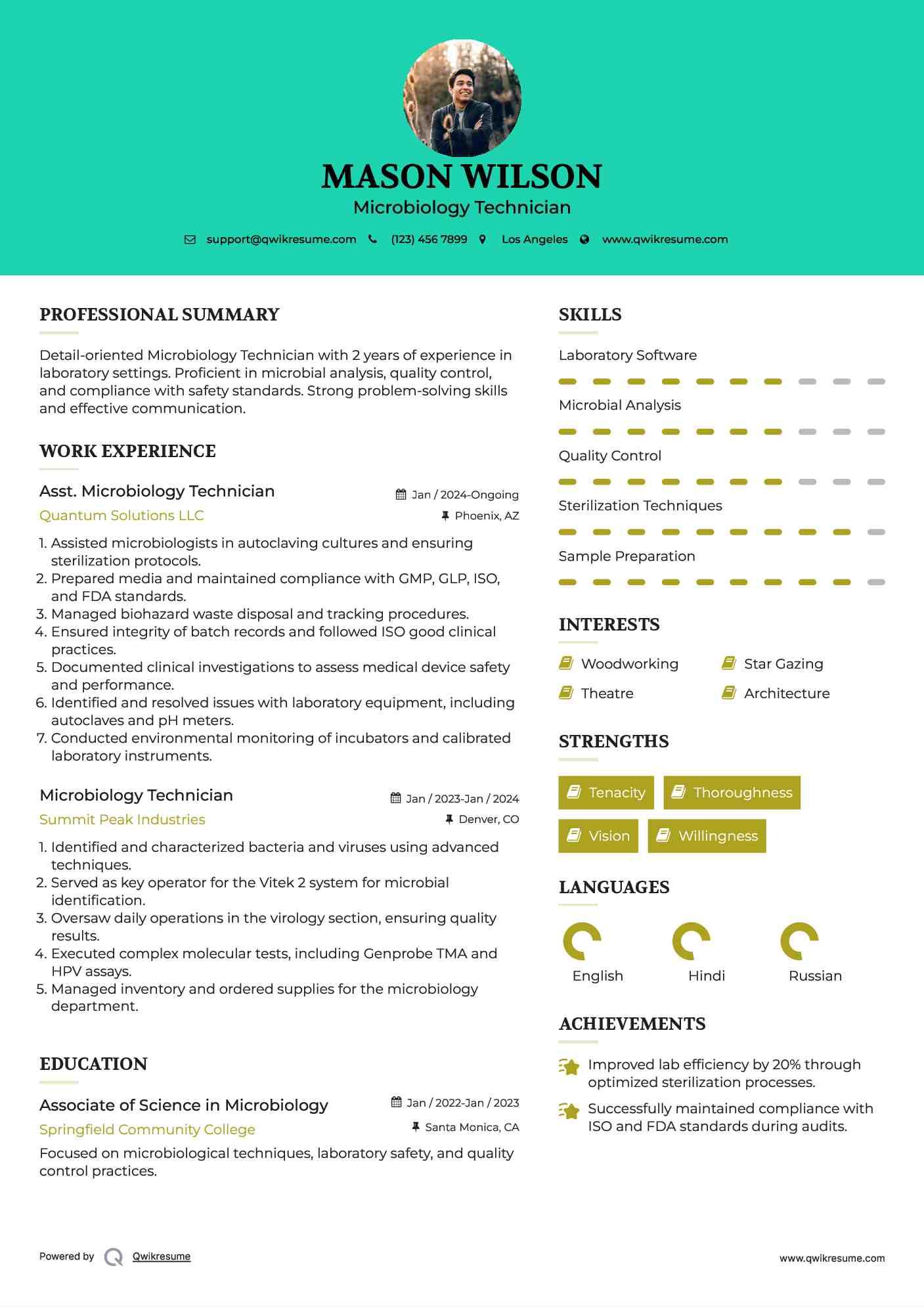 Asst. Microbiology Technician Resume Sample