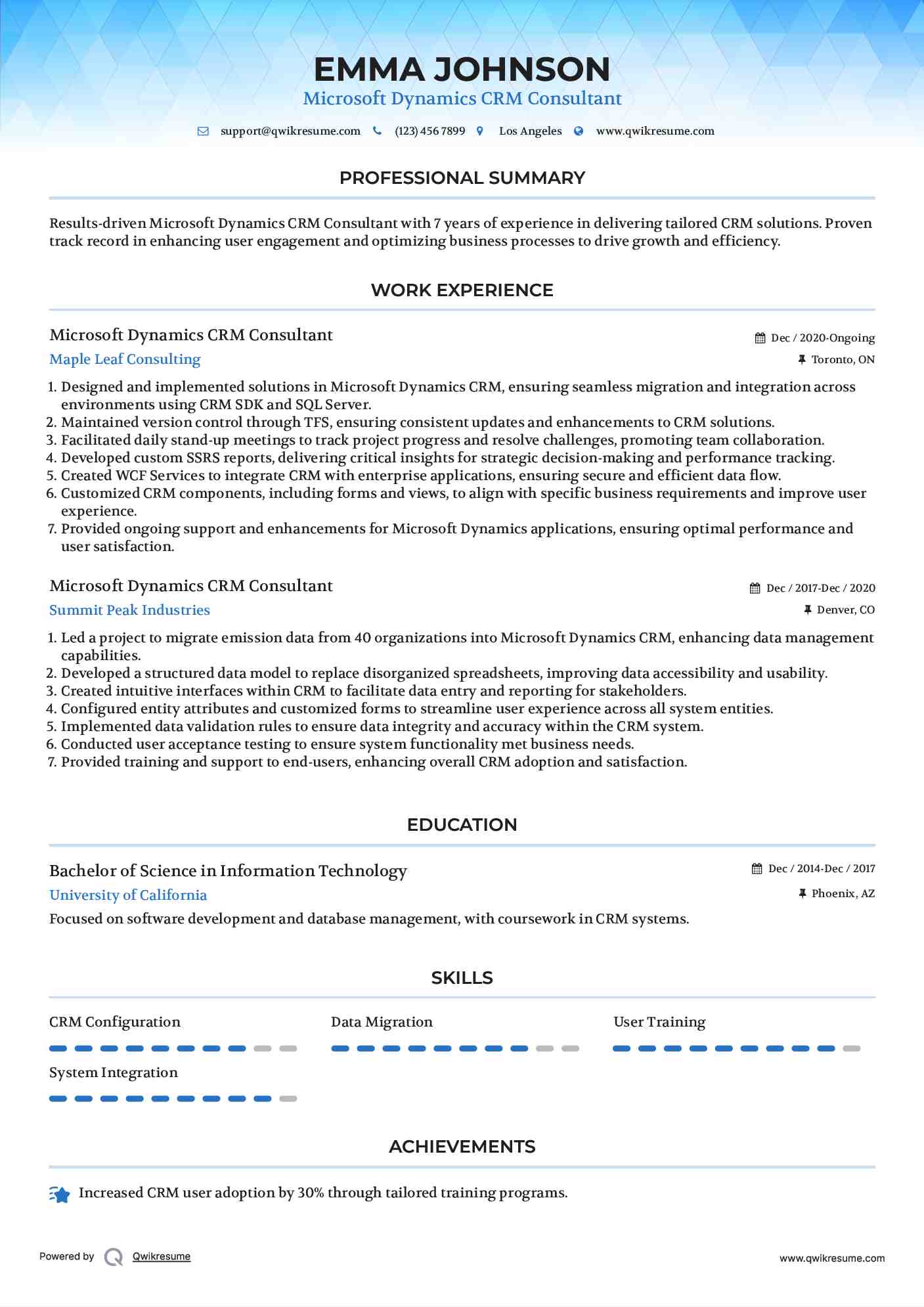 Microsoft Dynamics CRM Consultant Resume Samples QwikResume