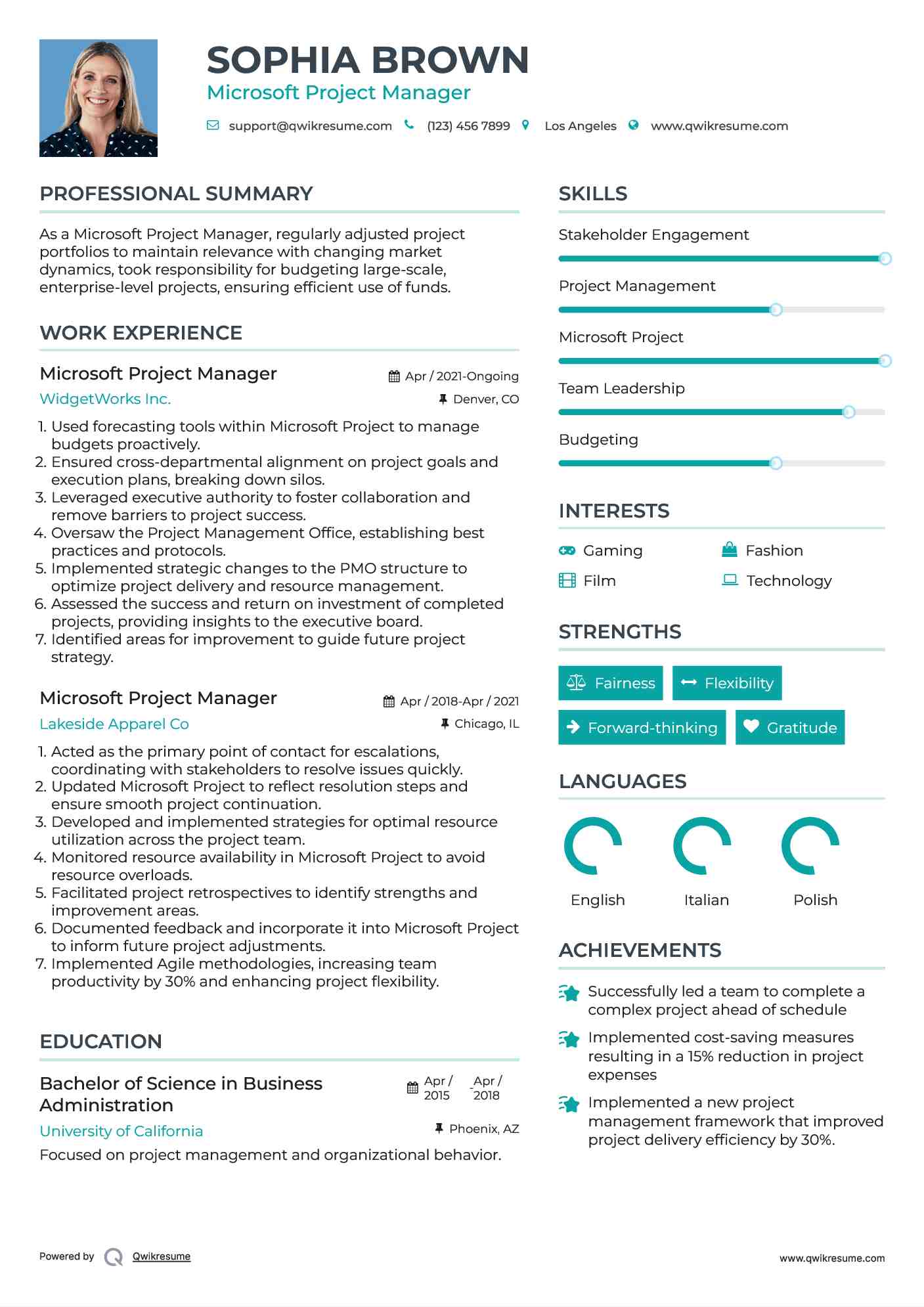 Microsoft Project Manager Resume Example