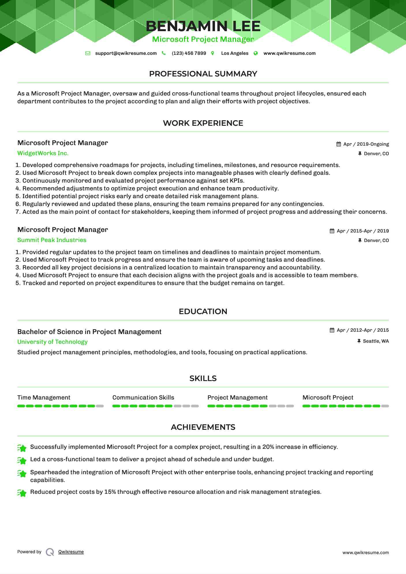 Microsoft Project Manager Resume Template
