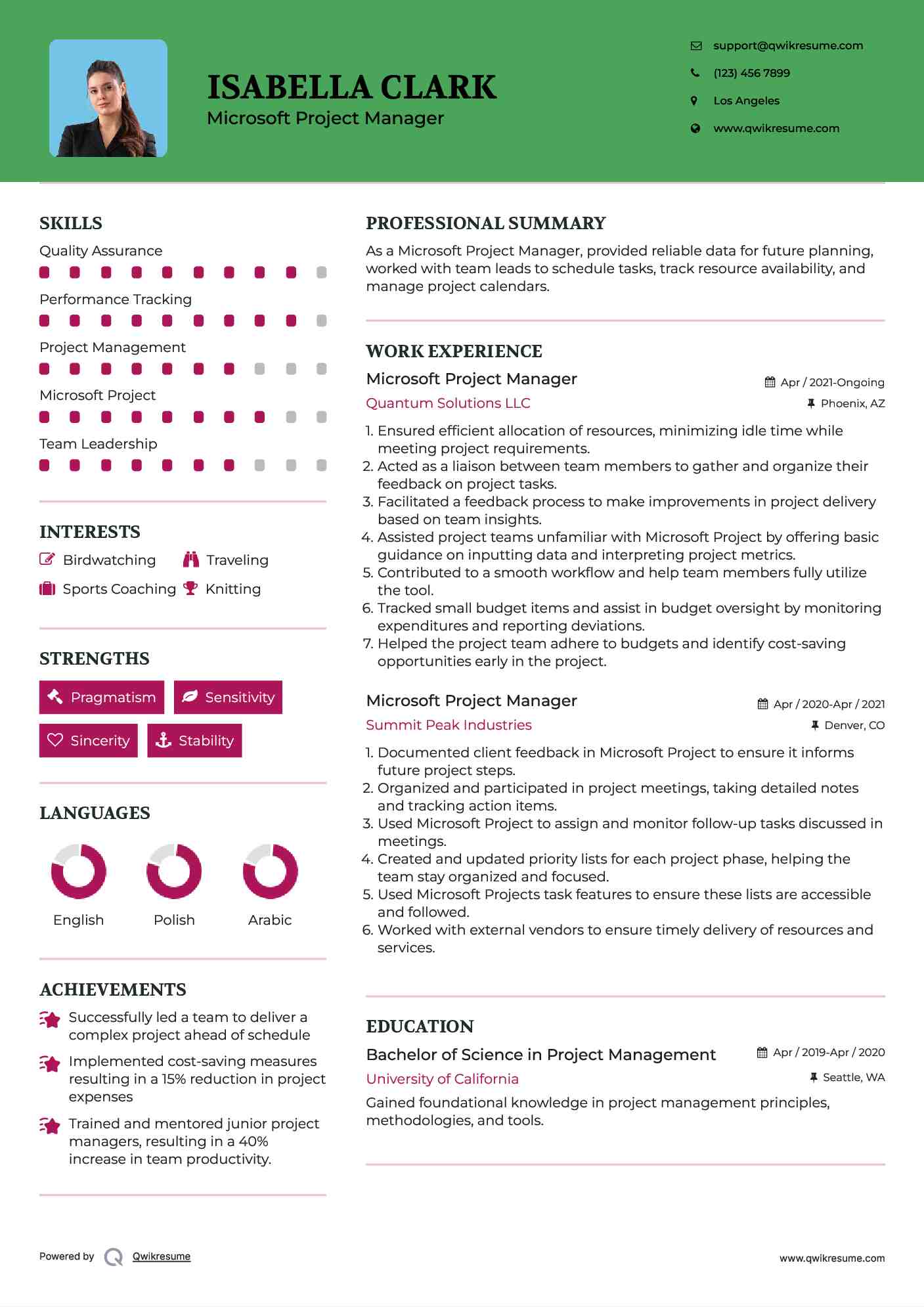 Microsoft Project Manager Resume Example
