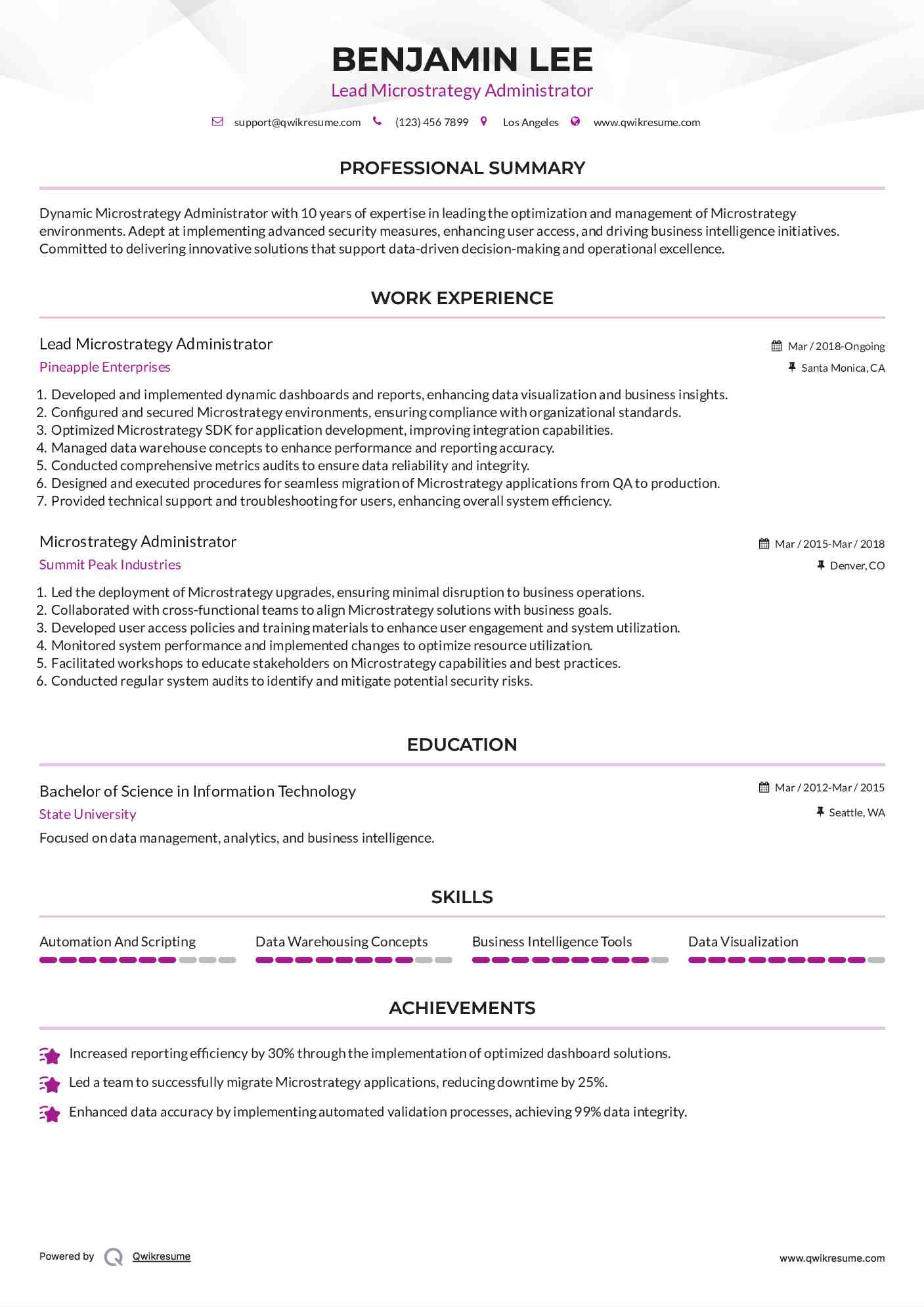 Lead Microstrategy Administrator Resume Model