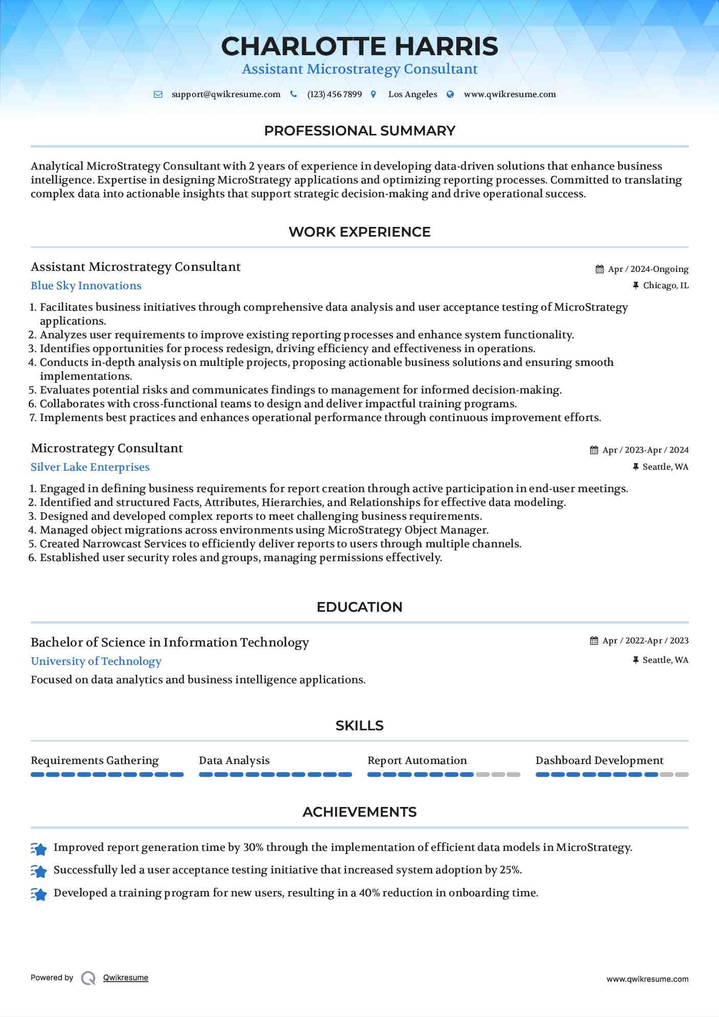 Assistant Microstrategy Consultant  Resume Example