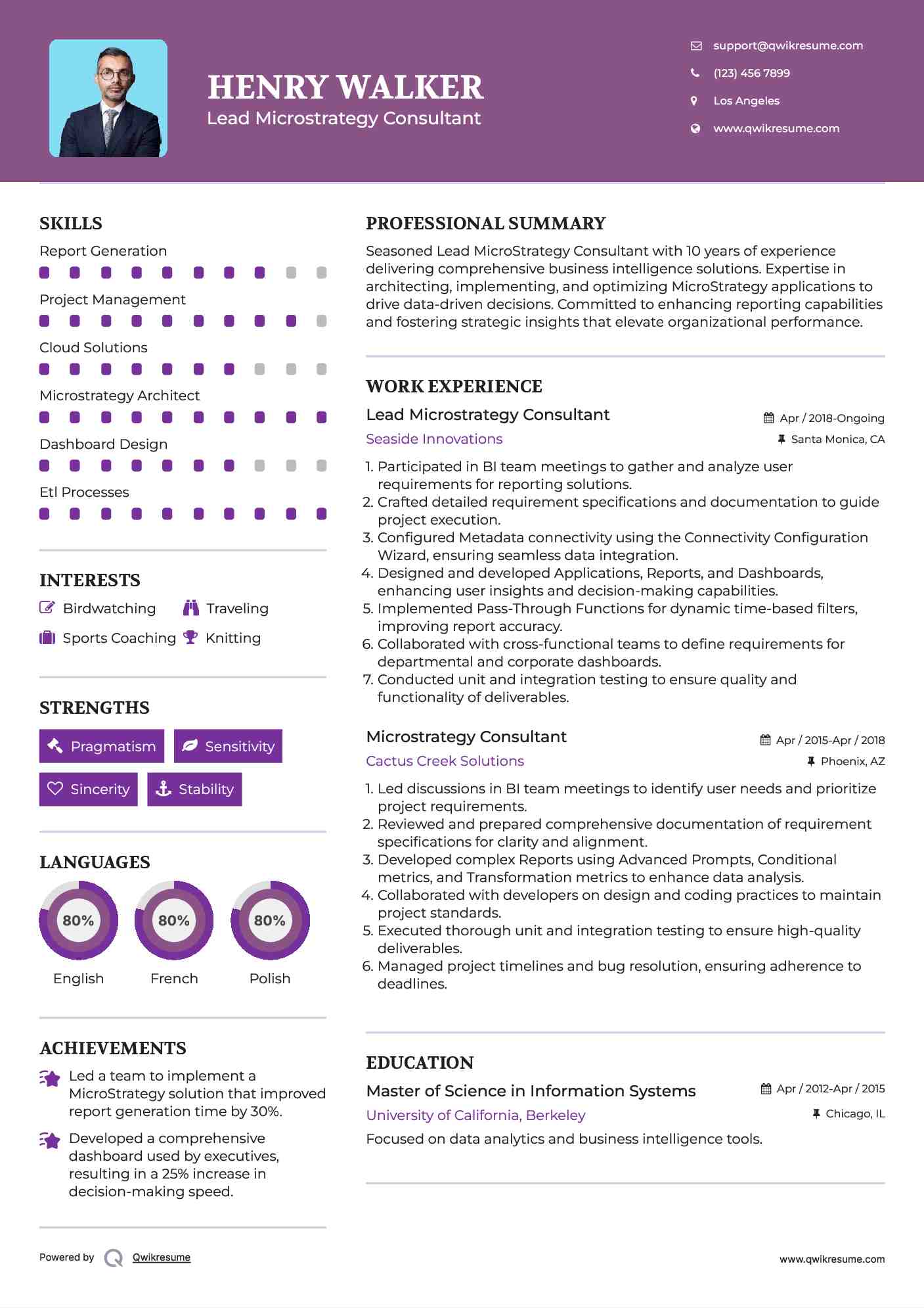 Lead Microstrategy Consultant Resume Example