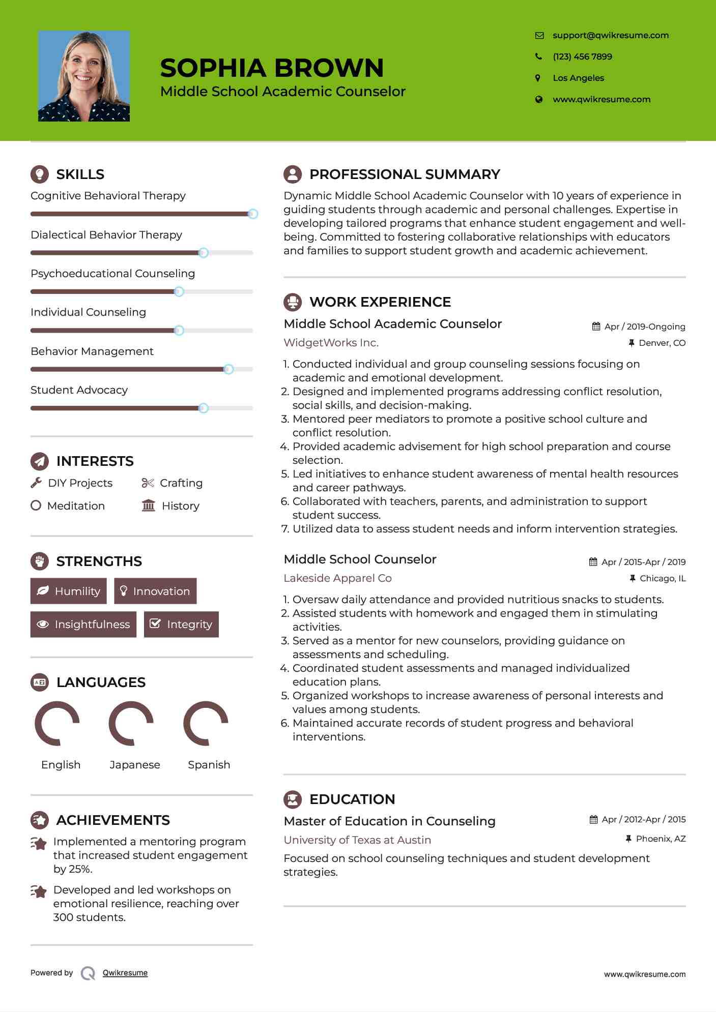 Middle School Academic Counselor Resume Example