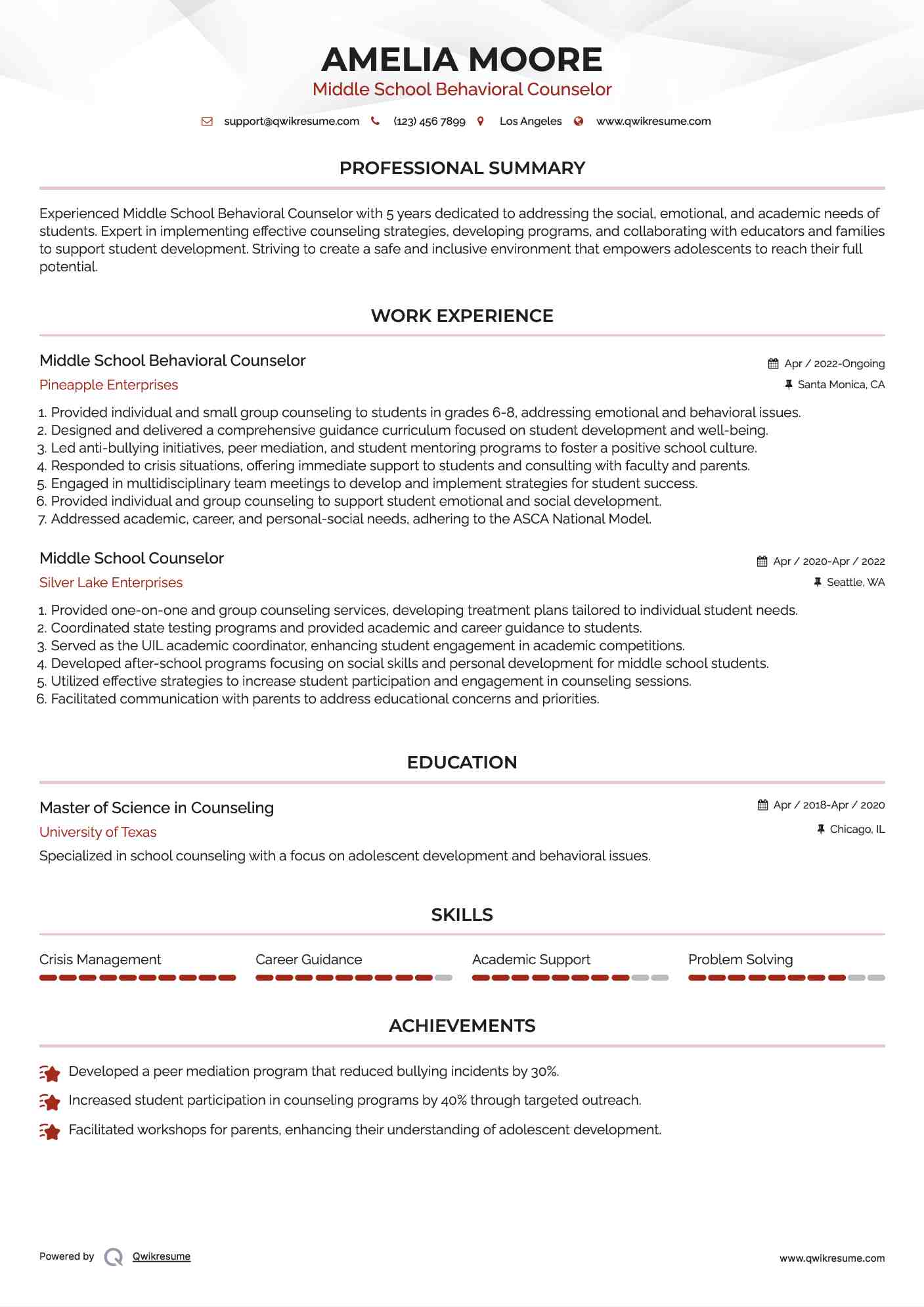 Middle School Behavioral Counselor Resume Example