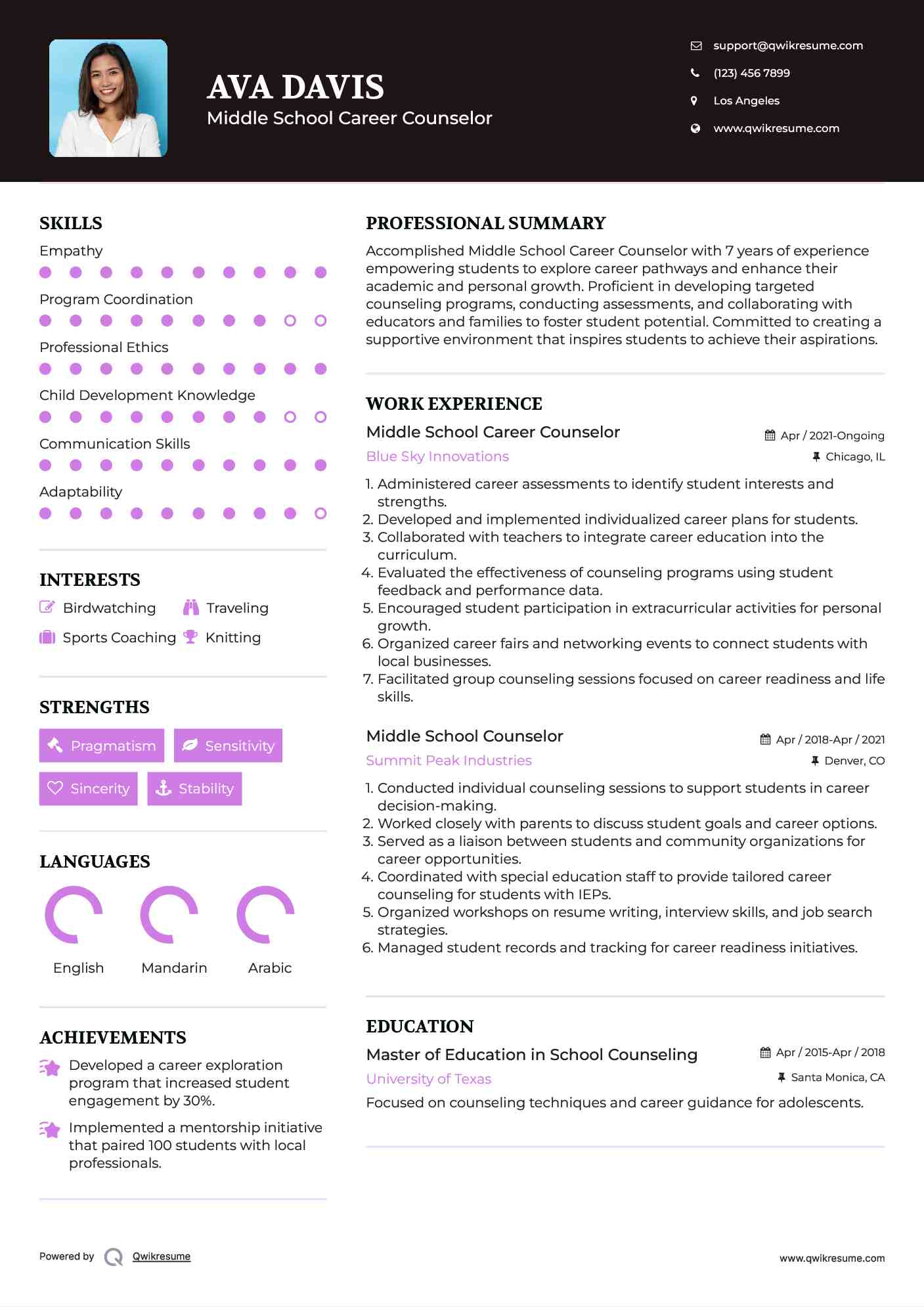 Middle School Career Counselor Resume Model