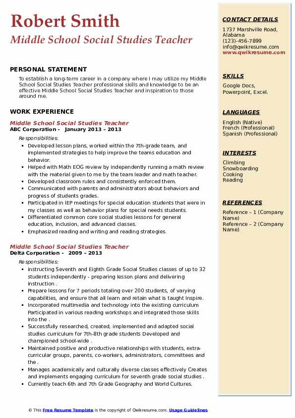Middle School Social Studies Teacher Resume Samples QwikResume