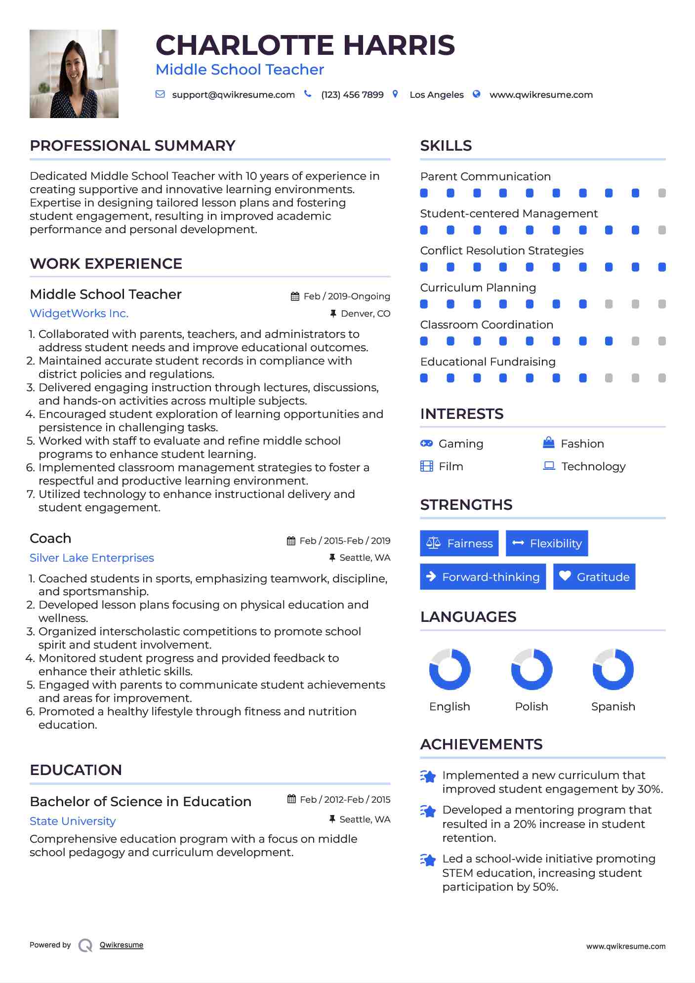 Middle School Teacher Resume Example