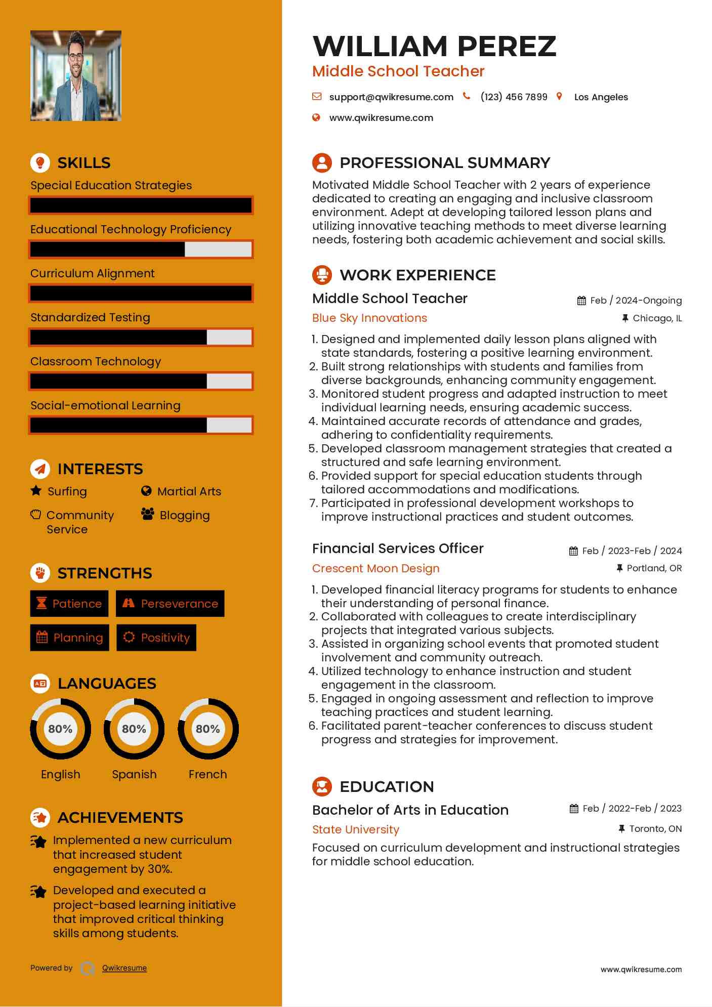 Middle School Teacher Resume Example