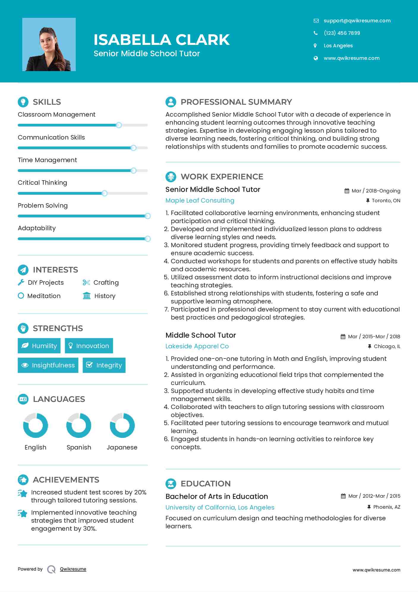 Senior Middle School Tutor Resume Model