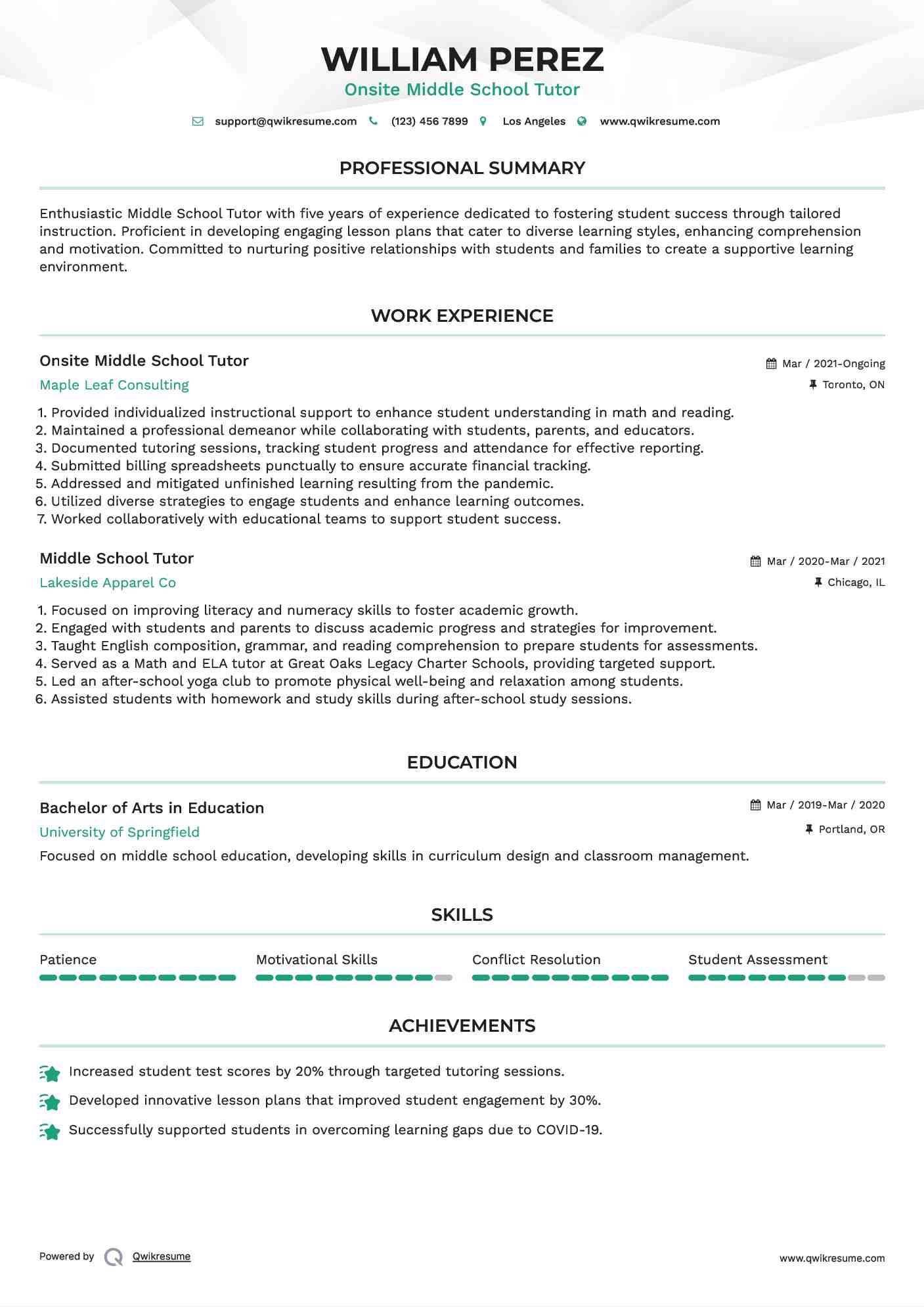 Onsite Middle School Tutor Resume Model
