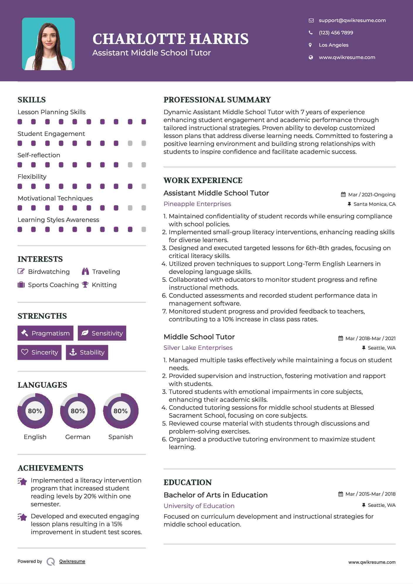 Assistant Middle School Tutor Resume Example