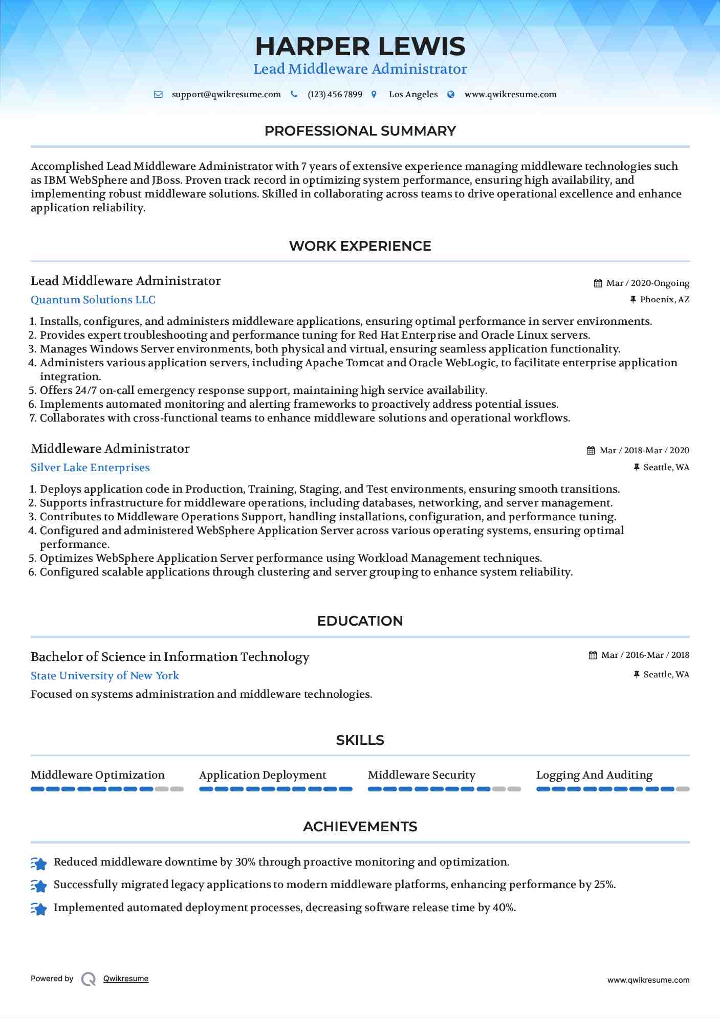 Lead Middleware Administrator Resume Model