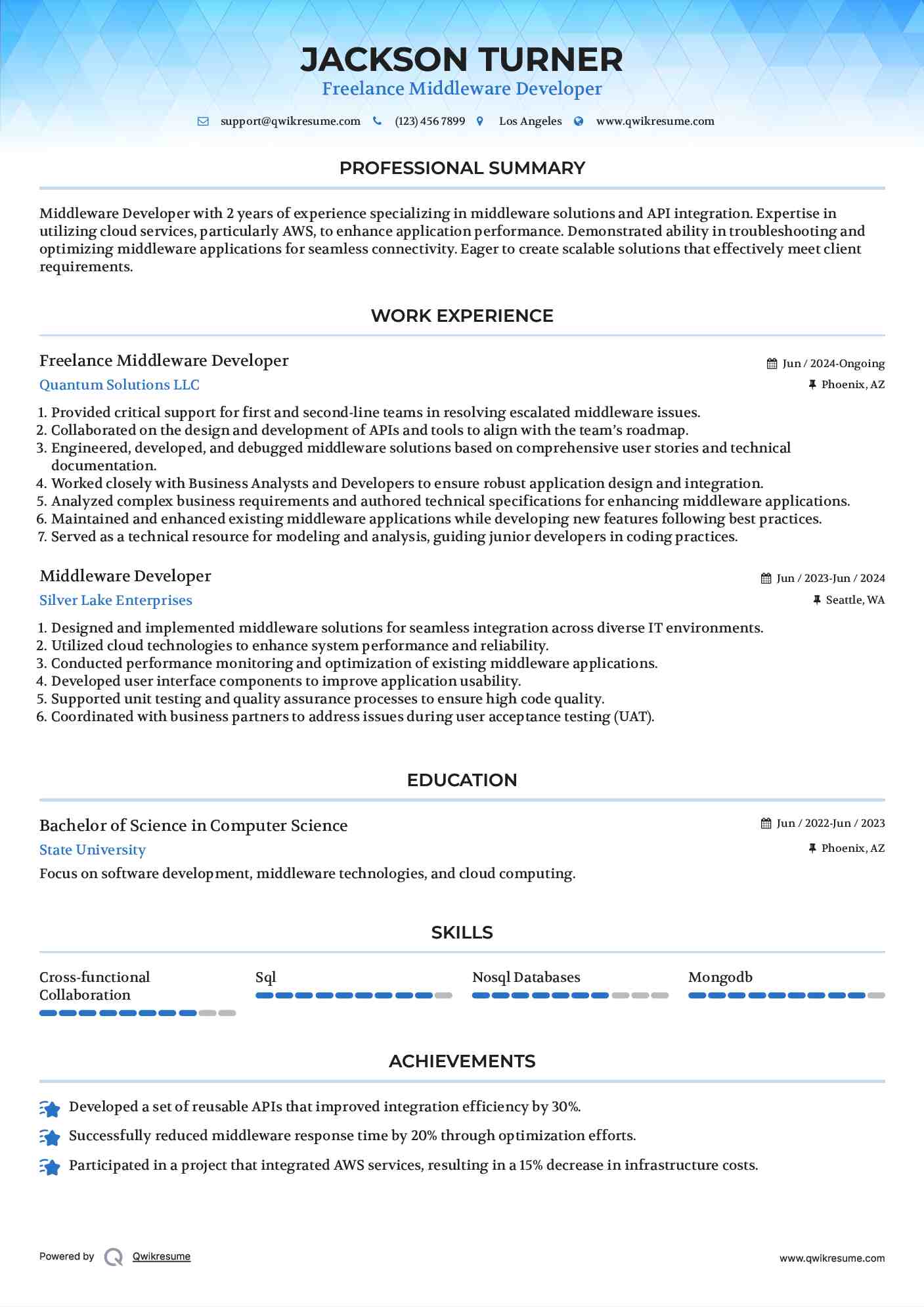 Freelance Middleware Developer Resume Template